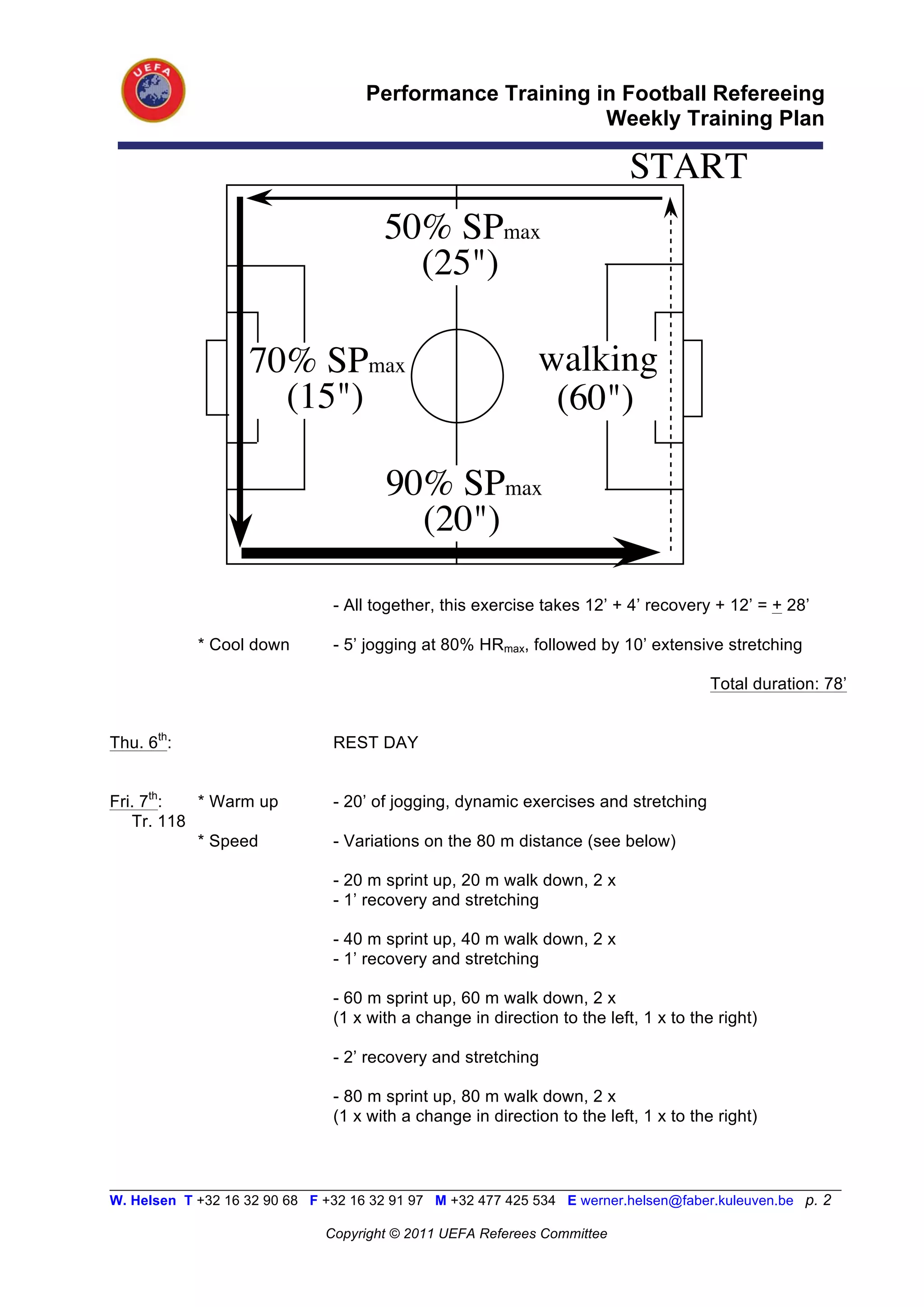 Performance Training in Football Refereeing
                                                           Weekly Training Plan

                                                                           START
                                       50% SPmax
                                         (25")

                    70% SPmax                                 walking
                      (15")                                    (60")

                                        90% SPmax
                                          (20")

                                - All together, this exercise takes 12’ + 4’ recovery + 12’ = + 28’

            * Cool down         - 5’ jogging at 80% HRmax, followed by 10’ extensive stretching

                                                                                       Total duration: 78’


Thu. 6th:                       REST DAY


Fri. 7th:  * Warm up            - 20’ of jogging, dynamic exercises and stretching
   Tr. 118
           * Speed              - Variations on the 80 m distance (see below)

                                - 20 m sprint up, 20 m walk down, 2 x
                                - 1’ recovery and stretching

                                - 40 m sprint up, 40 m walk down, 2 x
                                - 1’ recovery and stretching

                                - 60 m sprint up, 60 m walk down, 2 x
                                (1 x with a change in direction to the left, 1 x to the right)

                                - 2’ recovery and stretching

                                - 80 m sprint up, 80 m walk down, 2 x
                                (1 x with a change in direction to the left, 1 x to the right)


__________________________________________________________________________________________________________
W. Helsen T +32 16 32 90 68 F +32 16 32 91 97 M +32 477 425 534 E werner.helsen@faber.kuleuven.be p. 2

                               Copyright © 2011 UEFA Referees Committee
 