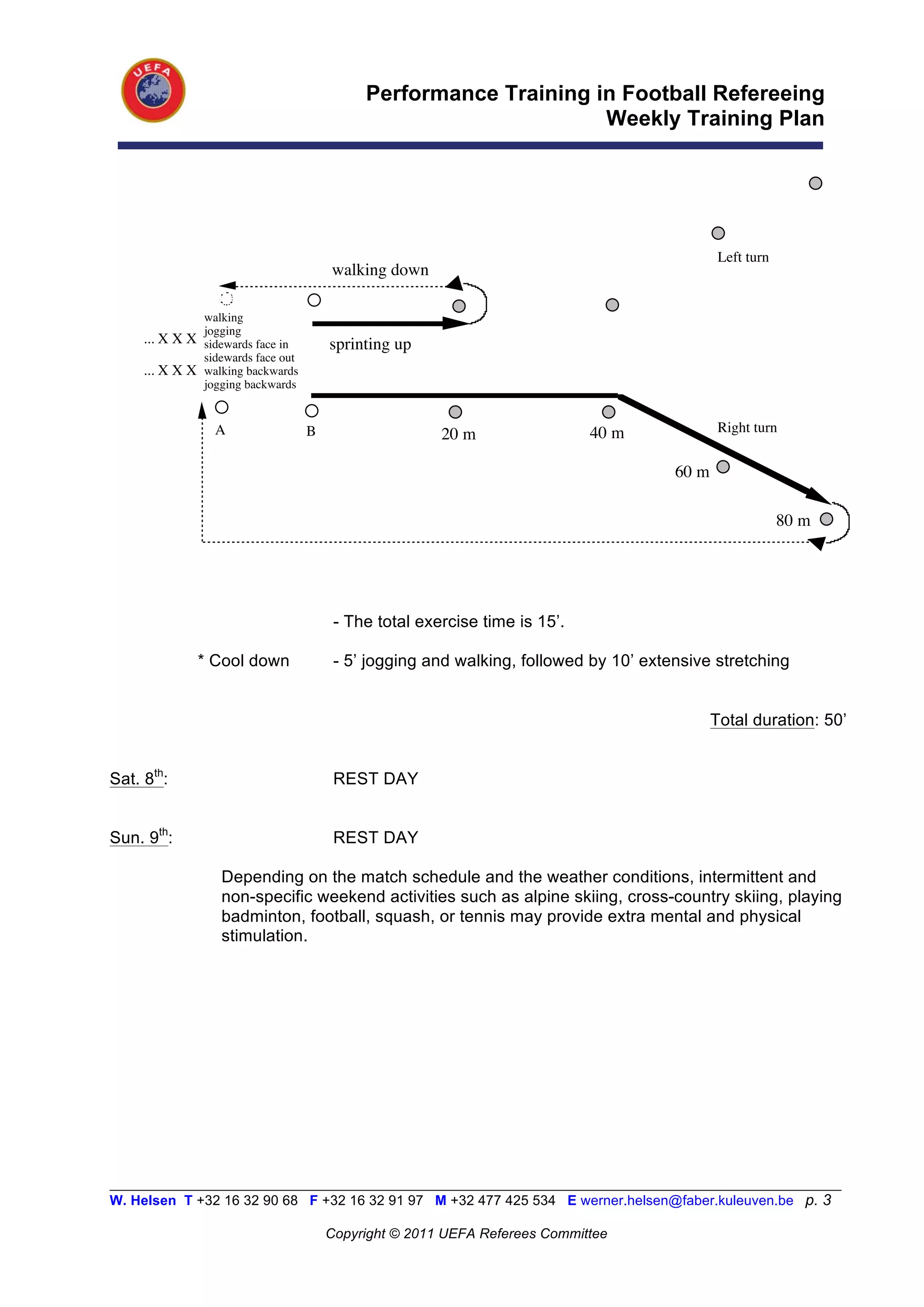 Performance Training in Football Refereeing
                                                                     Weekly Training Plan




                                                                                                 Left turn
                                          walking down

                 walking
                 jogging
     ... X X X   sidewards face in        sprinting up
                 sidewards face out
     ... X X X   walking backwards
                 jogging backwards


                   A                  B                                        40 m              Right turn
                                                          20 m

                                                                                         60 m

                                                                                                             80 m




                                           - The total exercise time is 15’.

                 * Cool down               - 5’ jogging and walking, followed by 10’ extensive stretching


                                                                                                Total duration: 50’


Sat. 8th:                                  REST DAY


Sun. 9th:                                  REST DAY

                    Depending on the match schedule and the weather conditions, intermittent and
                    non-specific weekend activities such as alpine skiing, cross-country skiing, playing
                    badminton, football, squash, or tennis may provide extra mental and physical
                    stimulation.




__________________________________________________________________________________________________________
W. Helsen T +32 16 32 90 68 F +32 16 32 91 97 M +32 477 425 534 E werner.helsen@faber.kuleuven.be p. 3

                                          Copyright © 2011 UEFA Referees Committee
 