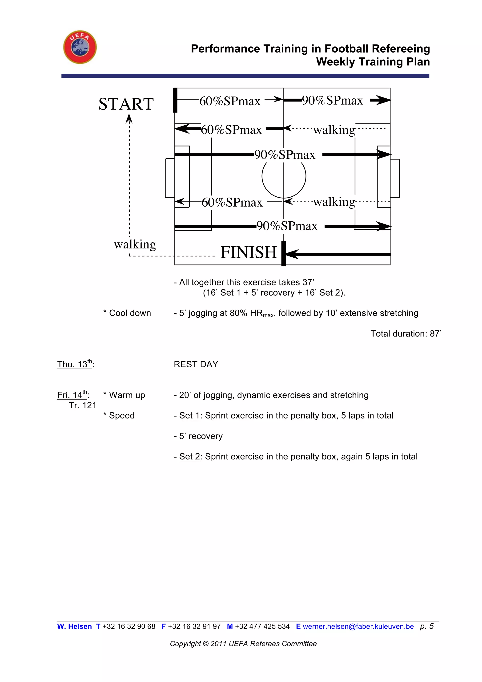 Performance Training in Football Refereeing
                                                           Weekly Training Plan


             START                     60%SPmax                    90%SPmax

                                       60%SPmax                       walking
                                                      90%SPmax


                                        60%SPmax                      walking
                                                       90%SPmax
               walking
                                             FINISH
                                - All together this exercise takes 37’
                                         (16’ Set 1 + 5’ recovery + 16’ Set 2).

             * Cool down        - 5’ jogging at 80% HRmax, followed by 10’ extensive stretching

                                                                                      Total duration: 87’


Thu. 13th:                      REST DAY


Fri. 14th: * Warm up            - 20’ of jogging, dynamic exercises and stretching
   Tr. 121
           * Speed              - Set 1: Sprint exercise in the penalty box, 5 laps in total

                                - 5’ recovery

                                - Set 2: Sprint exercise in the penalty box, again 5 laps in total




__________________________________________________________________________________________________________
W. Helsen T +32 16 32 90 68 F +32 16 32 91 97 M +32 477 425 534 E werner.helsen@faber.kuleuven.be p. 5

                               Copyright © 2011 UEFA Referees Committee
 