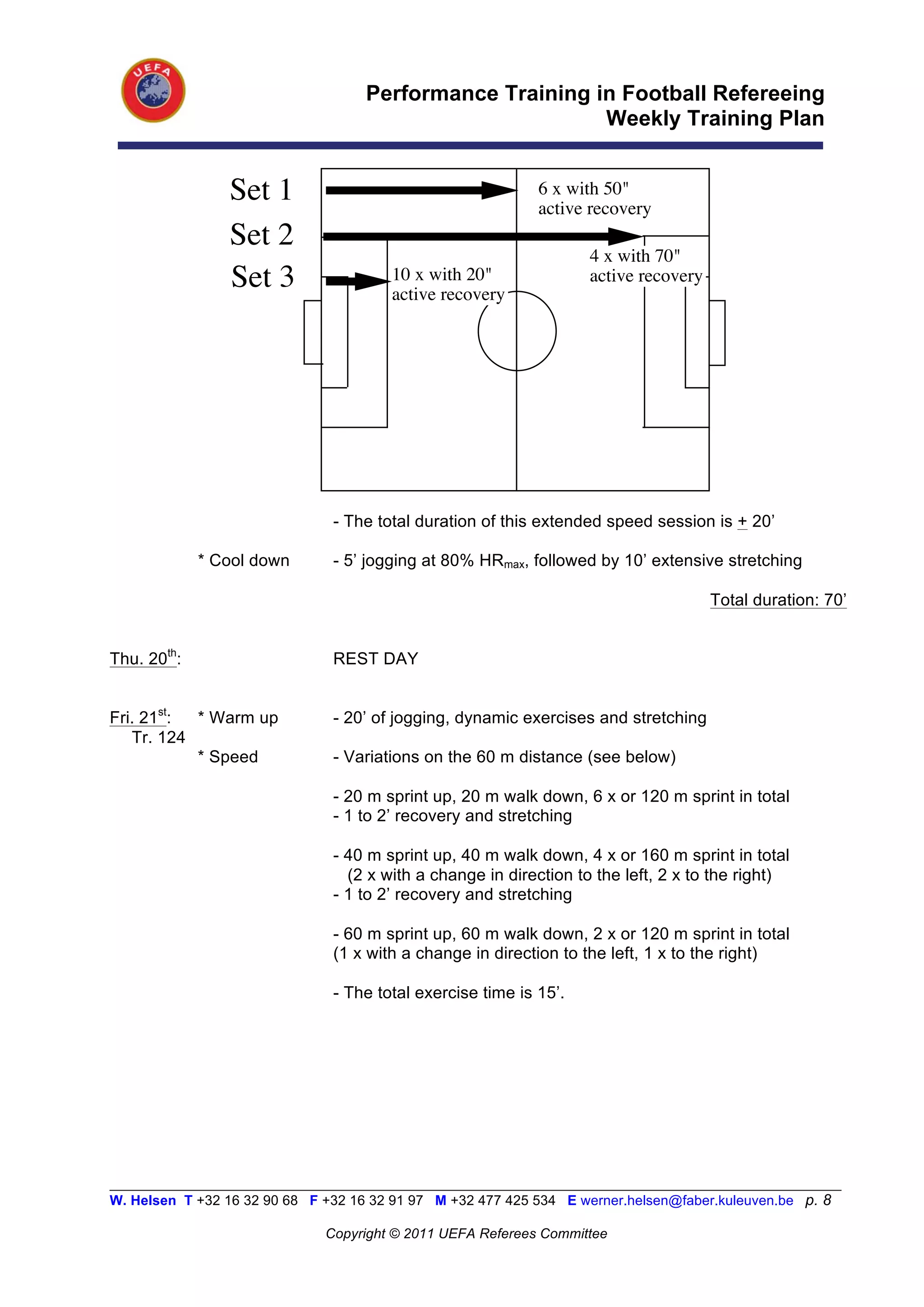 Performance Training in Football Refereeing
                                                           Weekly Training Plan


                 Set 1                                        6 x with 50"
                                                              active recovery
                 Set 2
                                                                     4 x with 70"
                 Set 3                  10 x with 20"
                                        active recovery
                                                                     active recovery




                                - The total duration of this extended speed session is + 20’

             * Cool down        - 5’ jogging at 80% HRmax, followed by 10’ extensive stretching

                                                                                       Total duration: 70’


Thu. 20th:                      REST DAY


Fri. 21st: * Warm up            - 20’ of jogging, dynamic exercises and stretching
   Tr. 124
           * Speed              - Variations on the 60 m distance (see below)

                                - 20 m sprint up, 20 m walk down, 6 x or 120 m sprint in total
                                - 1 to 2’ recovery and stretching

                                - 40 m sprint up, 40 m walk down, 4 x or 160 m sprint in total
                                  (2 x with a change in direction to the left, 2 x to the right)
                                - 1 to 2’ recovery and stretching

                                - 60 m sprint up, 60 m walk down, 2 x or 120 m sprint in total
                                (1 x with a change in direction to the left, 1 x to the right)

                                - The total exercise time is 15’.




__________________________________________________________________________________________________________
W. Helsen T +32 16 32 90 68 F +32 16 32 91 97 M +32 477 425 534 E werner.helsen@faber.kuleuven.be p. 8

                               Copyright © 2011 UEFA Referees Committee
 