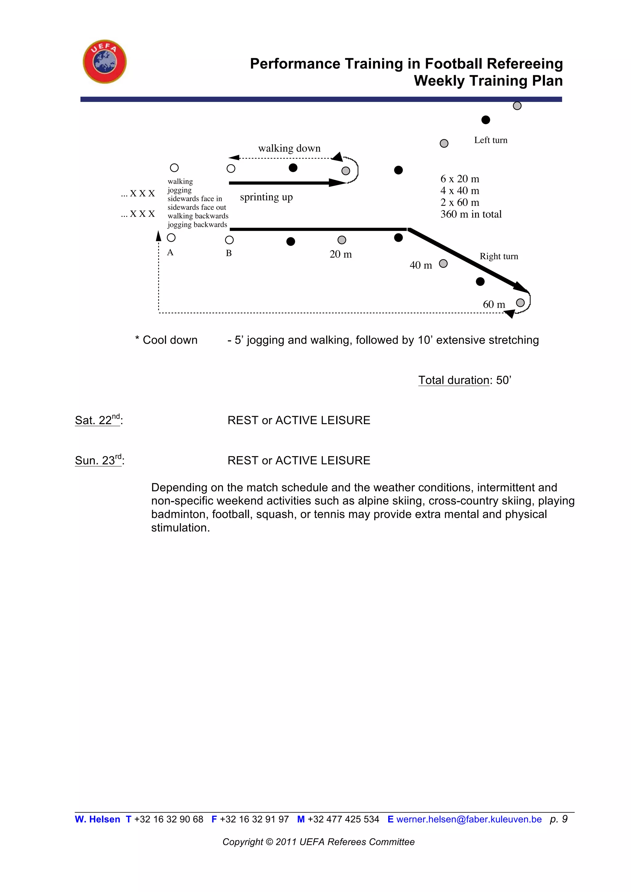 Performance Training in Football Refereeing
                                                                  Weekly Training Plan


                                                                                           Left turn
                                              walking down

                     walking                                                        6 x 20 m
         ... X X X   jogging                                                        4 x 40 m
                     sidewards face in    sprinting up
                     sidewards face out
                                                                                    2 x 60 m
         ... X X X   walking backwards                                              360 m in total
                     jogging backwards


                     A                B                      20 m!                          Right turn
                                                                           40 m


                                                                                             60 m


             * Cool down              - 5’ jogging and walking, followed by 10’ extensive stretching


                                                                                Total duration: 50’


Sat. 22nd:                            REST or ACTIVE LEISURE


Sun. 23rd:                            REST or ACTIVE LEISURE

                 Depending on the match schedule and the weather conditions, intermittent and
                 non-specific weekend activities such as alpine skiing, cross-country skiing, playing
                 badminton, football, squash, or tennis may provide extra mental and physical
                 stimulation.




__________________________________________________________________________________________________________
W. Helsen T +32 16 32 90 68 F +32 16 32 91 97 M +32 477 425 534 E werner.helsen@faber.kuleuven.be p. 9

                                     Copyright © 2011 UEFA Referees Committee
 