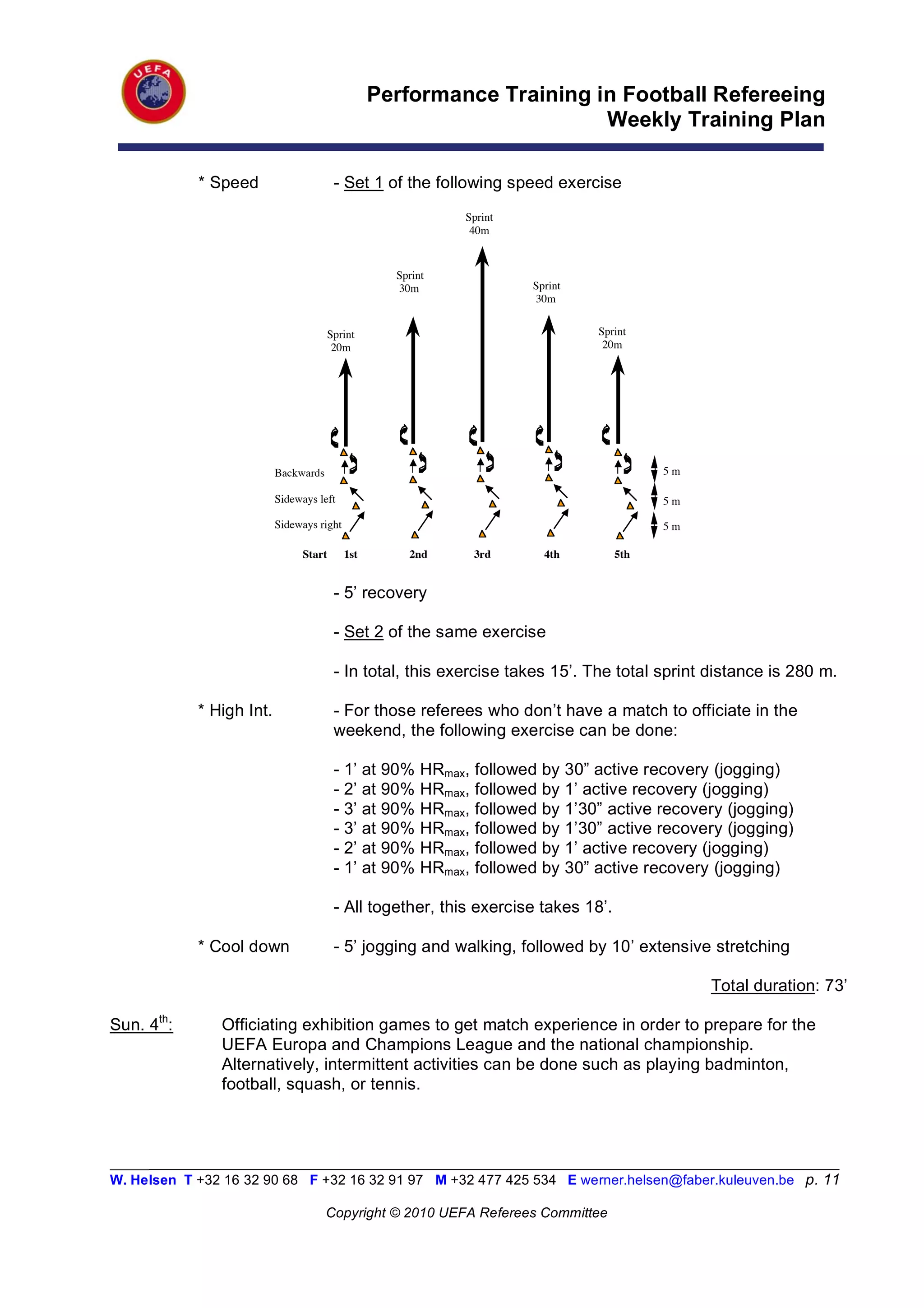 Performance Training in Football Refereeing
                                                                       Weekly Training Plan

            * Speed                      - Set 1 of the following speed exercise
                                                               Sprint
                                                                40m



                                                    Sprint
                                                    30m                   Sprint
                                                                          30m


                                        Sprint                                       Sprint
                                         20m                                          20m




                          Backwards                                                           5m

                          Sideways left                                                       5m

                          Sideways right                                                      5m

                                Start      1st !!     2nd !!    3rd ! !     4th !!      5th


                                         - 5’ recovery

                                         - Set 2 of the same exercise

                                         - In total, this exercise takes 15’. The total sprint distance is 280 m.

            * High Int.                  - For those referees who don’t have a match to officiate in the
                                         weekend, the following exercise can be done:

                                         - 1’ at 90%     HRmax, followed by 30” active recovery (jogging)
                                         - 2’ at 90%     HRmax, followed by 1’ active recovery (jogging)
                                         - 3’ at 90%     HRmax, followed by 1’30” active recovery (jogging)
                                         - 3’ at 90%     HRmax, followed by 1’30” active recovery (jogging)
                                         - 2’ at 90%     HRmax, followed by 1’ active recovery (jogging)
                                         - 1’ at 90%     HRmax, followed by 30” active recovery (jogging)

                                         - All together, this exercise takes 18’.

            * Cool down                  - 5’ jogging and walking, followed by 10’ extensive stretching

                                                                                                   Total duration: 73’

Sun. 4th:       Officiating exhibition games to get match experience in order to prepare for the
                UEFA Europa and Champions League and the national championship.
                Alternatively, intermittent activities can be done such as playing badminton,
                football, squash, or tennis.



_________________________________________________________________________________________________________
W. Helsen T +32 16 32 90 68 F +32 16 32 91 97 M +32 477 425 534 E werner.helsen@faber.kuleuven.be p. 11

                                      Copyright © 2010 UEFA Referees Committee
 