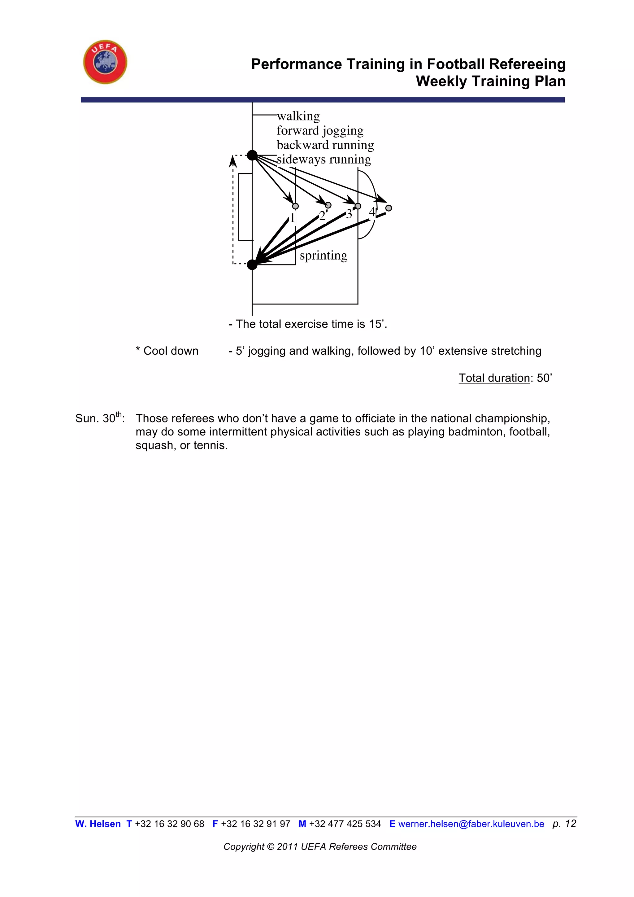 Performance Training in Football Refereeing
                                                           Weekly Training Plan

                                          walking
                                          forward jogging
                                          backward running
                                          sideways running



                                             1      2    3    4


                                                 sprinting




                                - The total exercise time is 15’.

            * Cool down         - 5’ jogging and walking, followed by 10’ extensive stretching

                                                                                Total duration: 50’


Sun. 30th: Those referees who don’t have a game to officiate in the national championship,
           may do some intermittent physical activities such as playing badminton, football,
           squash, or tennis.




__________________________________________________________________________________________________________
W. Helsen T +32 16 32 90 68 F +32 16 32 91 97 M +32 477 425 534 E werner.helsen@faber.kuleuven.be p. 12

                               Copyright © 2011 UEFA Referees Committee
 