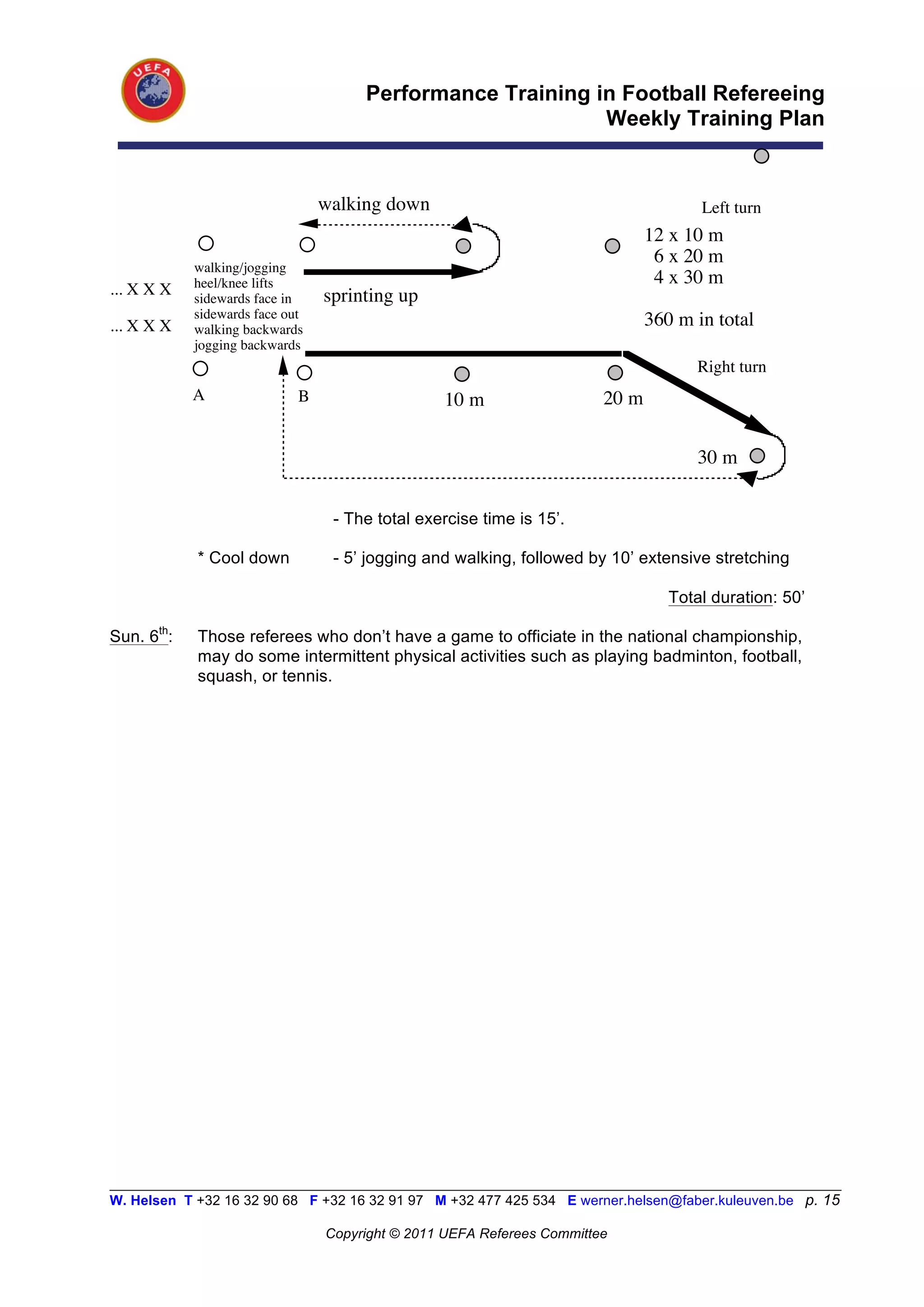Performance Training in Football Refereeing
                                                            Weekly Training Plan


                                 walking down                                         Left turn
                                                                               12 x 10 m
            walking/jogging
                                                                                6 x 20 m
            heel/knee lifts                                                     4 x 30 m
... X X X   sidewards face in    sprinting up
            sidewards face out                                                 360 m in total
... X X X   walking backwards
            jogging backwards
                                                                                      Right turn
            A                B                   10 m                   20 m


                                                                                      30 m


                                  - The total exercise time is 15’.

            * Cool down           - 5’ jogging and walking, followed by 10’ extensive stretching

                                                                                  Total duration: 50’

Sun. 6th:   Those referees who don’t have a game to officiate in the national championship,
            may do some intermittent physical activities such as playing badminton, football,
            squash, or tennis.




__________________________________________________________________________________________________________
W. Helsen T +32 16 32 90 68 F +32 16 32 91 97 M +32 477 425 534 E werner.helsen@faber.kuleuven.be p. 15

                                 Copyright © 2011 UEFA Referees Committee
 
