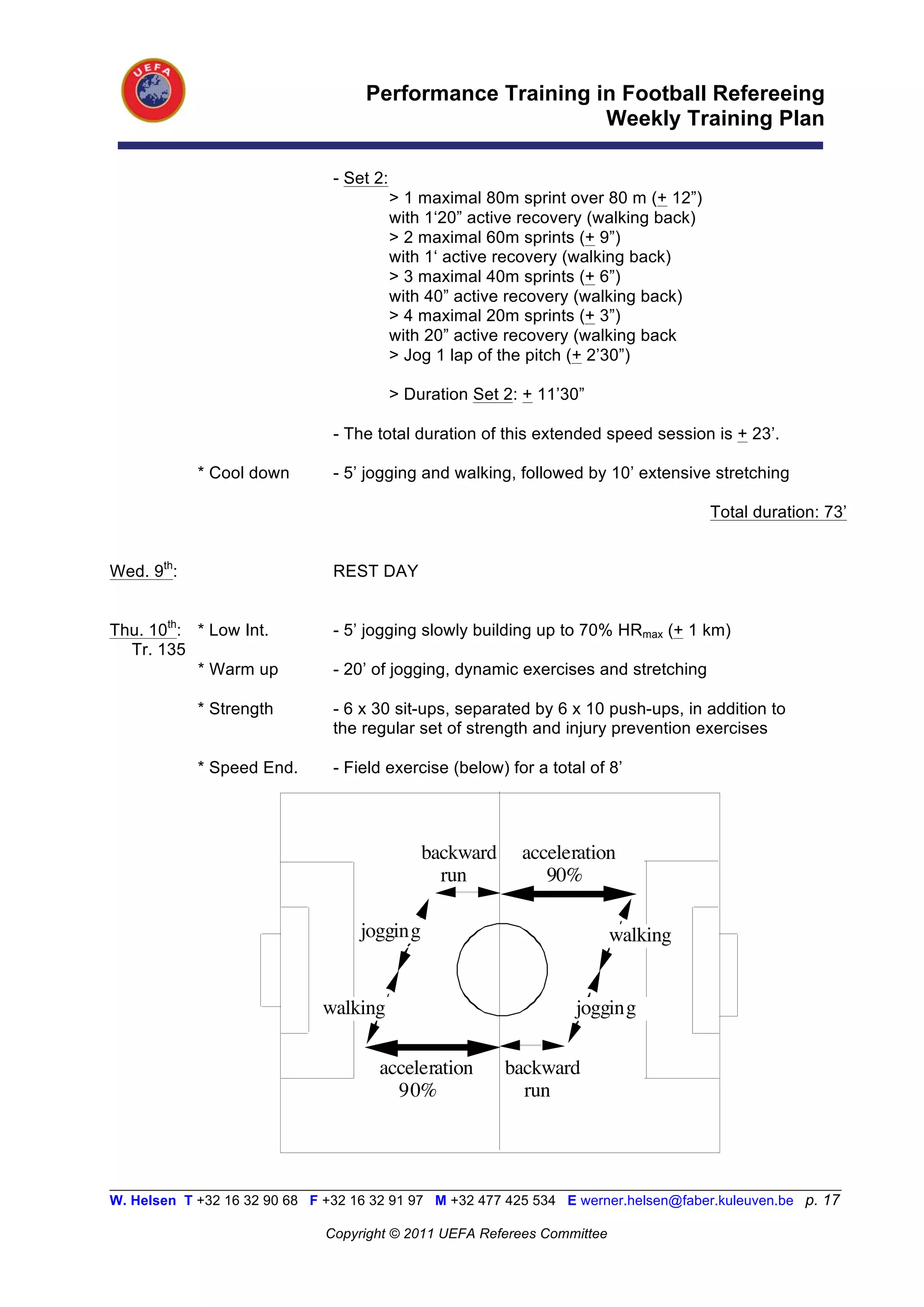 Performance Training in Football Refereeing
                                                           Weekly Training Plan

                                - Set 2:
                                           > 1 maximal 80m sprint over 80 m (+ 12”)
                                           with 1‘20” active recovery (walking back)
                                           > 2 maximal 60m sprints (+ 9”)
                                           with 1‘ active recovery (walking back)
                                           > 3 maximal 40m sprints (+ 6”)
                                           with 40” active recovery (walking back)
                                           > 4 maximal 20m sprints (+ 3”)
                                           with 20” active recovery (walking back
                                           > Jog 1 lap of the pitch (+ 2’30”)

                                           > Duration Set 2: + 11’30”

                                - The total duration of this extended speed session is + 23’.

            * Cool down         - 5’ jogging and walking, followed by 10’ extensive stretching

                                                                                       Total duration: 73’


Wed. 9th:                       REST DAY


Thu. 10th: * Low Int.           - 5’ jogging slowly building up to 70% HRmax (+ 1 km)
  Tr. 135
           * Warm up            - 20’ of jogging, dynamic exercises and stretching

            * Strength          - 6 x 30 sit-ups, separated by 6 x 10 push-ups, in addition to
                                the regular set of strength and injury prevention exercises

            * Speed End.        - Field exercise (below) for a total of 8’




                                               backward     acceleration
                                                 run           90%

                                    jogging                               walking


                              walking                              jogging

                                       acceleration       backward
                                         90%                run



__________________________________________________________________________________________________________
W. Helsen T +32 16 32 90 68 F +32 16 32 91 97 M +32 477 425 534 E werner.helsen@faber.kuleuven.be p. 17

                               Copyright © 2011 UEFA Referees Committee
 