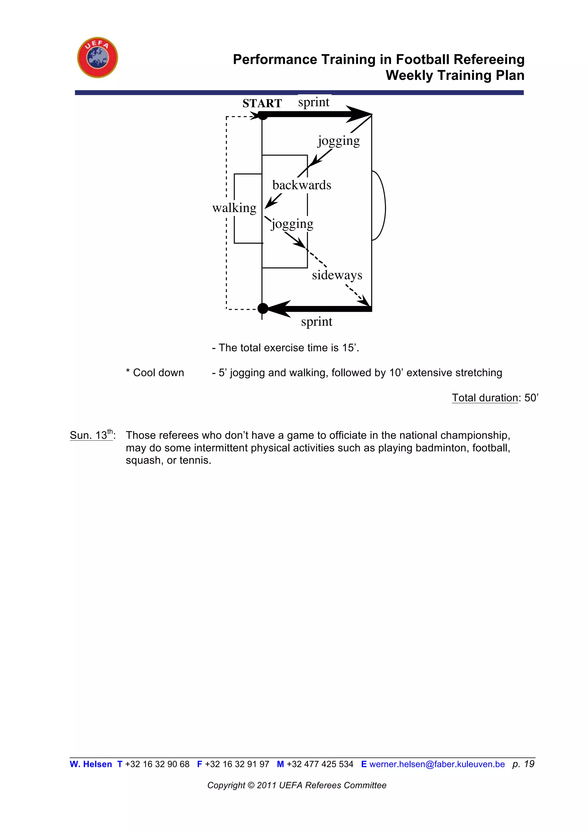 Performance Training in Football Refereeing
                                                           Weekly Training Plan
                                       START       sprint

                                                        jogging


                                              backwards
                                walking
                                             jogging


                                                       sideways


                                                    sprint
                                - The total exercise time is 15’.

            * Cool down         - 5’ jogging and walking, followed by 10’ extensive stretching

                                                                                      Total duration: 50’


Sun. 13th: Those referees who don’t have a game to officiate in the national championship,
           may do some intermittent physical activities such as playing badminton, football,
           squash, or tennis.




__________________________________________________________________________________________________________
W. Helsen T +32 16 32 90 68 F +32 16 32 91 97 M +32 477 425 534 E werner.helsen@faber.kuleuven.be p. 19

                               Copyright © 2011 UEFA Referees Committee
 