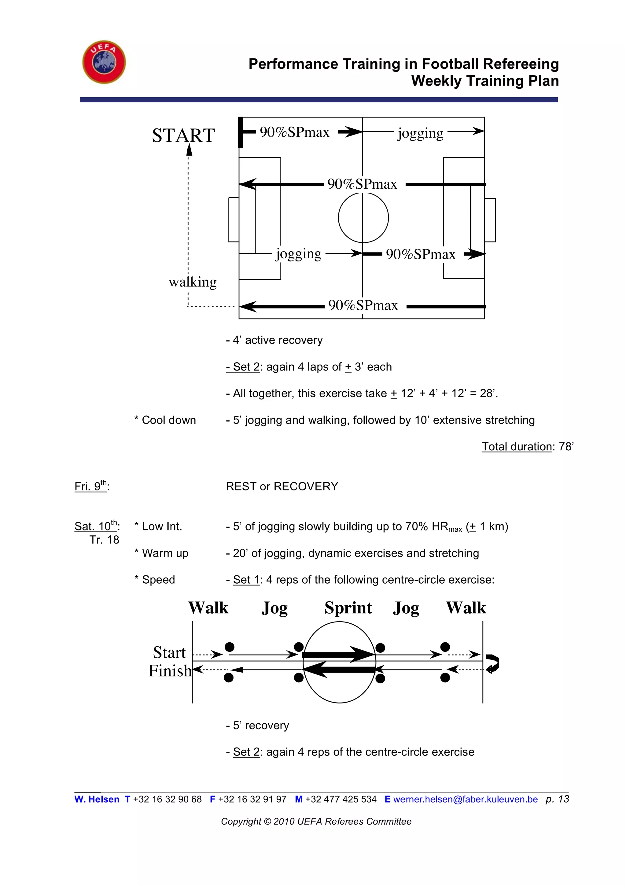 Performance Training in Football Refereeing
                                                          Weekly Training Plan


                START                  90%SPmax                      jogging


                                                       90%SPmax



                                          jogging                 90%SPmax
                    walking
                                                       90%SPmax

                                - 4’ active recovery

                                - Set 2: again 4 laps of + 3’ each

                                - All together, this exercise take + 12’ + 4’ + 12’ = 28’.

             * Cool down        - 5’ jogging and walking, followed by 10’ extensive stretching

                                                                                      Total duration: 78’


Fri. 9th:                       REST or RECOVERY


Sat. 10th:   * Low Int.         - 5’ of jogging slowly building up to 70% HRmax (+ 1 km)
  Tr. 18
             * Warm up          - 20’ of jogging, dynamic exercises and stretching

             * Speed            - Set 1: 4 reps of the following centre-circle exercise:

                          Walk         Jog             Sprint        Jog       Walk

               Start
               Finish


                                - 5’ recovery

                                - Set 2: again 4 reps of the centre-circle exercise


_________________________________________________________________________________________________________
W. Helsen T +32 16 32 90 68 F +32 16 32 91 97 M +32 477 425 534 E werner.helsen@faber.kuleuven.be p. 13

                               Copyright © 2010 UEFA Referees Committee
 