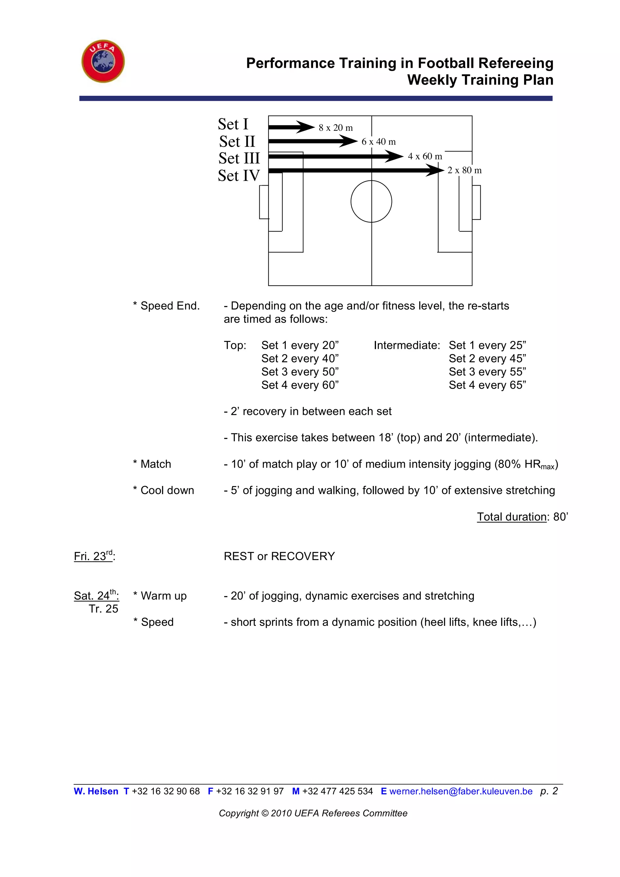 Performance Training in Football Refereeing
                                                          Weekly Training Plan


                              Set I                 8 x 20 m
                              Set II                           6 x 40 m
                              Set III                                     4 x 60 m
                                                                                     2 x 80 m
                              Set IV




             * Speed End.       - Depending on the age and/or fitness level, the re-starts
                                are timed as follows:

                                Top:    Set 1 every 20”          Intermediate: Set 1 every 25”
                                        Set 2 every 40”                        Set 2 every 45”
                                        Set 3 every 50”                        Set 3 every 55”
                                        Set 4 every 60”                        Set 4 every 65”

                                - 2’ recovery in between each set

                                - This exercise takes between 18’ (top) and 20’ (intermediate).

             * Match            - 10’ of match play or 10’ of medium intensity jogging (80% HRmax)

             * Cool down        - 5’ of jogging and walking, followed by 10’ of extensive stretching

                                                                                           Total duration: 80’


Fri. 23rd:                      REST or RECOVERY


Sat. 24th:   * Warm up          - 20’ of jogging, dynamic exercises and stretching
  Tr. 25
             * Speed            - short sprints from a dynamic position (heel lifts, knee lifts,…)




_________________________________________________________________________________________________________
W. Helsen T +32 16 32 90 68 F +32 16 32 91 97 M +32 477 425 534 E werner.helsen@faber.kuleuven.be p. 2

                               Copyright © 2010 UEFA Referees Committee
 