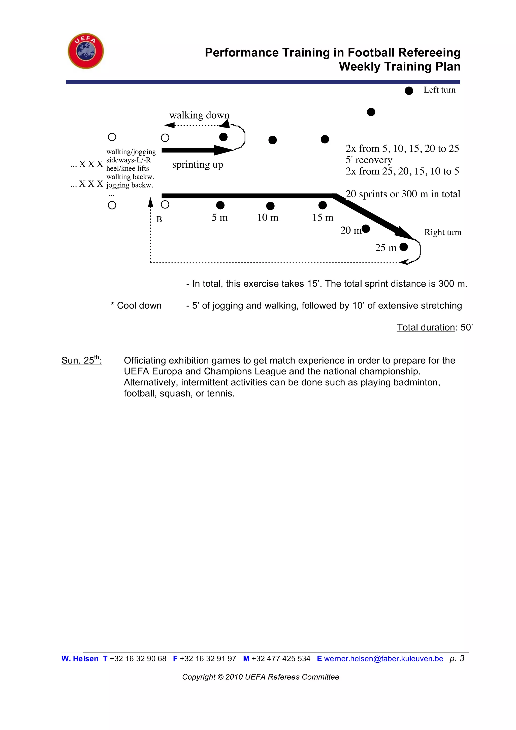 Performance Training in Football Refereeing
                                                               Weekly Training Plan
                                                                                                  Left turn

                               walking down


            walking/jogging                                                  2x from 5, 10, 15, 20 to 25
  ... X X X sideways-L/-R      sprinting up                                  5' recovery
            heel/knee lifts
            walking backw.
                                                                             2x from 25, 20, 15, 10 to 5
  ... X X X jogging backw.
             ...                                                             20 sprints or 300 m in total

                          !B     !         5m          10 m!         15 m
                                                                            20 m                  Right turn
                                                                                     25 m


                                     - In total, this exercise takes 15’. The total sprint distance is 300 m.

             * Cool down             - 5’ of jogging and walking, followed by 10’ of extensive stretching

                                                                                            Total duration: 50’


Sun. 25th:       Officiating exhibition games to get match experience in order to prepare for the
                 UEFA Europa and Champions League and the national championship.
                 Alternatively, intermittent activities can be done such as playing badminton,
                 football, squash, or tennis.




_________________________________________________________________________________________________________
W. Helsen T +32 16 32 90 68 F +32 16 32 91 97 M +32 477 425 534 E werner.helsen@faber.kuleuven.be p. 3

                                 Copyright © 2010 UEFA Referees Committee
 