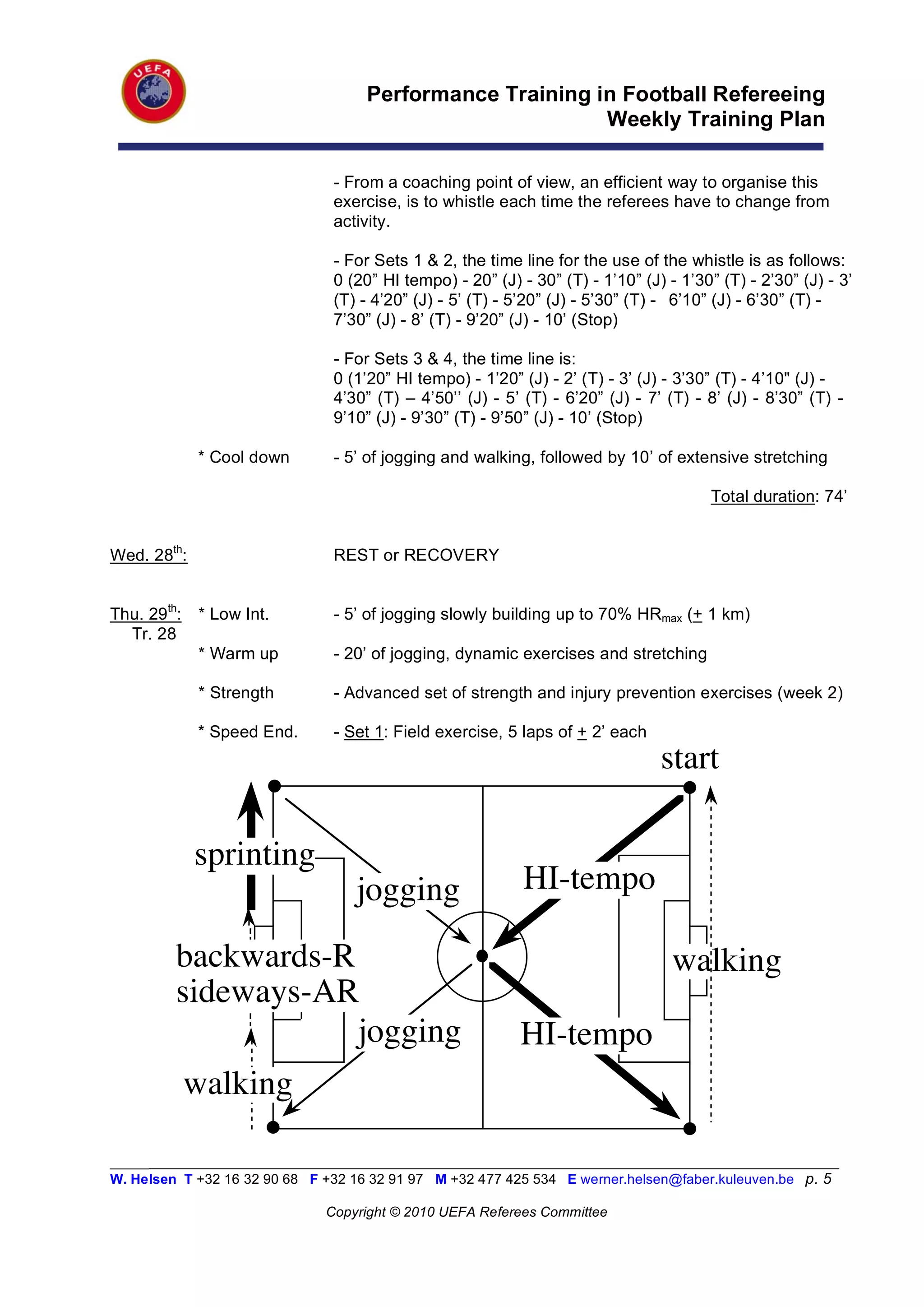 Performance Training in Football Refereeing
                                                          Weekly Training Plan

                                - From a coaching point of view, an efficient way to organise this
                                exercise, is to whistle each time the referees have to change from
                                activity.

                                - For Sets 1 & 2, the time line for the use of the whistle is as follows:
                                0 (20” HI tempo) - 20” (J) - 30” (T) - 1’10” (J) - 1’30” (T) - 2’30” (J) - 3’
                                (T) - 4’20” (J) - 5’ (T) - 5’20” (J) - 5’30” (T) - 6’10” (J) - 6’30” (T) -
                                7’30” (J) - 8’ (T) - 9’20” (J) - 10’ (Stop)

                                - For Sets 3 & 4, the time line is:
                                0 (1’20” HI tempo) - 1’20” (J) - 2’ (T) - 3’ (J) - 3’30” (T) - 4’10" (J) -
                                4’30” (T) – 4’50’’ (J) - 5’ (T) - 6’20” (J) - 7’ (T) - 8’ (J) - 8’30” (T) -
                                9’10” (J) - 9’30” (T) - 9’50” (J) - 10’ (Stop)

             * Cool down        - 5’ of jogging and walking, followed by 10’ of extensive stretching

                                                                                        Total duration: 74’


Wed. 28th:                      REST or RECOVERY


Thu. 29th:   * Low Int.         - 5’ of jogging slowly building up to 70% HRmax (+ 1 km)
  Tr. 28
             * Warm up          - 20’ of jogging, dynamic exercises and stretching

             * Strength         - Advanced set of strength and injury prevention exercises (week 2)

             * Speed End.       - Set 1: Field exercise, 5 laps of + 2’ each
                                                                                start

             sprinting
                                   jogging                  HI-tempo

         backwards-R                                                              walking
         sideways-AR
                     jogging                               HI-tempo
             walking

_________________________________________________________________________________________________________
W. Helsen T +32 16 32 90 68 F +32 16 32 91 97 M +32 477 425 534 E werner.helsen@faber.kuleuven.be p. 5

                               Copyright © 2010 UEFA Referees Committee
 