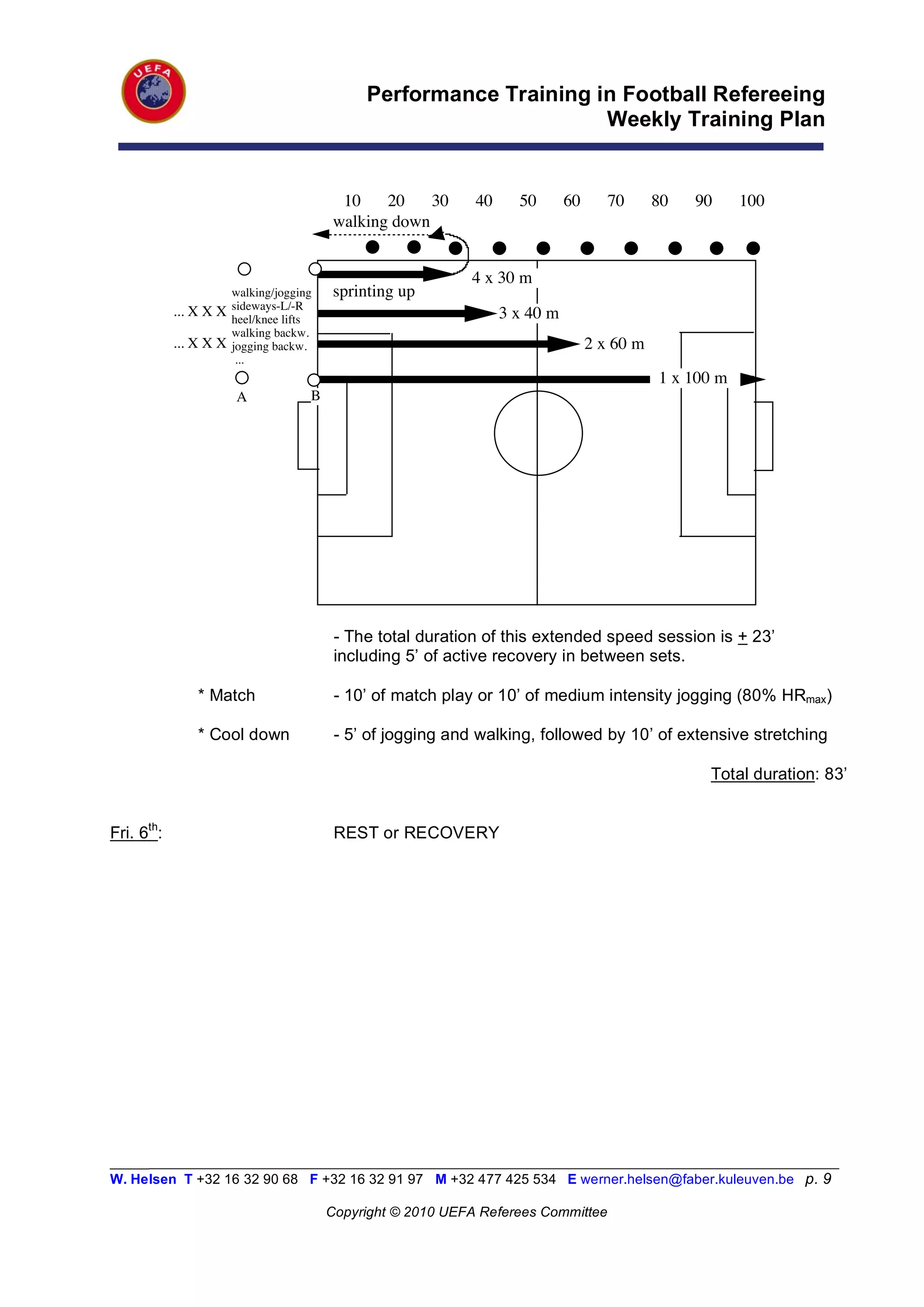 Performance Training in Football Refereeing
                                                                     Weekly Training Plan


                                            10! 20! 30!        40!     50!      60!   70!    80!   90!    100!
                                           walking down


                                                              4 x 30 m
                        walking/jogging    sprinting up
                        sideways-L/-R
            ... X X X                                                3 x 40 m
                        heel/knee lifts
                        walking backw.
            ... X X X   jogging backw.                                            2 x 60 m
                         ...
                                                                                              1 x 100 m
                        A             B




                                           - The total duration of this extended speed session is + 23’
                                           including 5’ of active recovery in between sets.

                * Match                    - 10’ of match play or 10’ of medium intensity jogging (80% HRmax)

                * Cool down                - 5’ of jogging and walking, followed by 10’ of extensive stretching

                                                                                                     Total duration: 83’


Fri. 6th:                                  REST or RECOVERY




_________________________________________________________________________________________________________
W. Helsen T +32 16 32 90 68 F +32 16 32 91 97 M +32 477 425 534 E werner.helsen@faber.kuleuven.be p. 9

                                          Copyright © 2010 UEFA Referees Committee
 