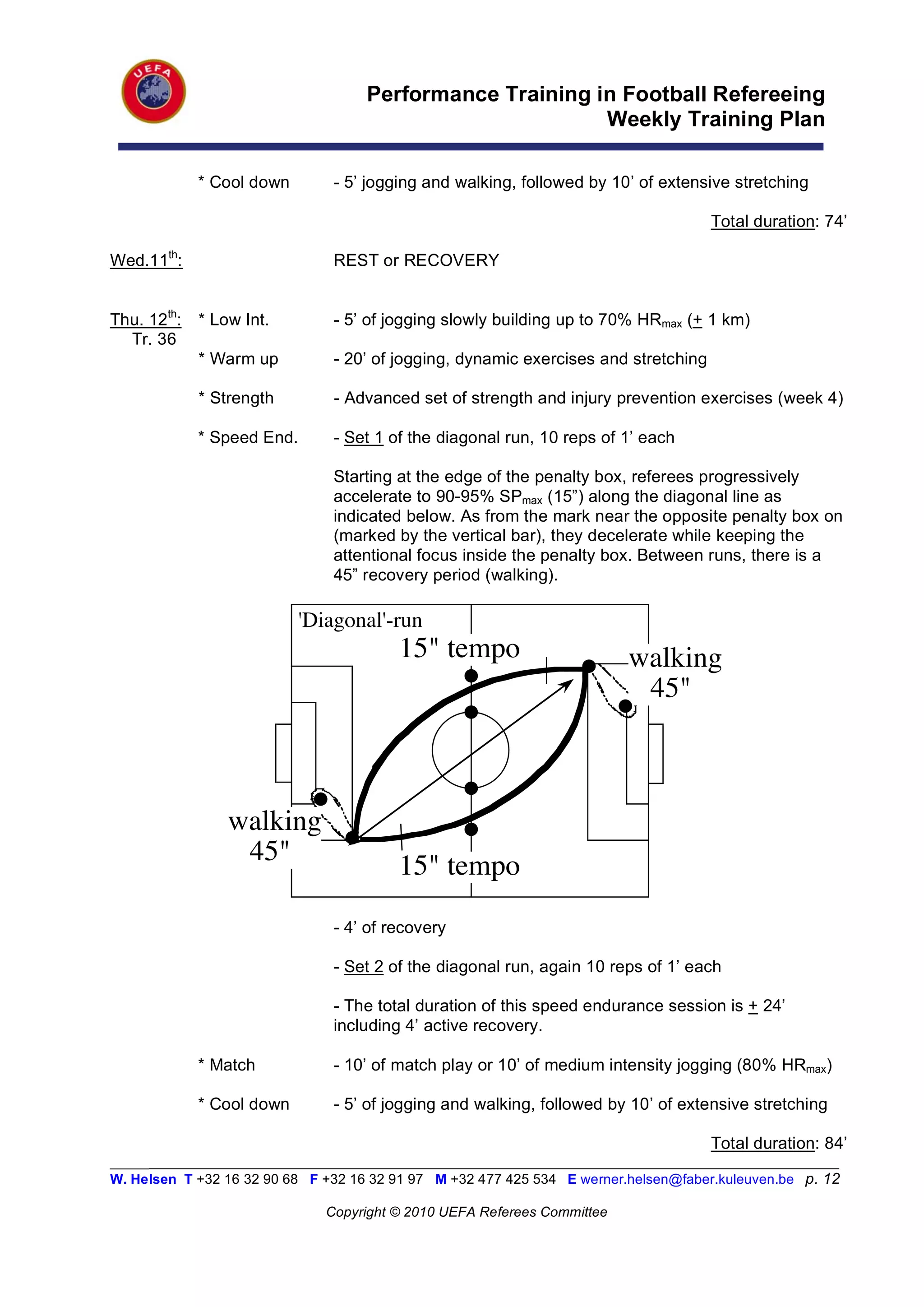 Performance Training in Football Refereeing
                                                          Weekly Training Plan

             * Cool down        - 5’ jogging and walking, followed by 10’ of extensive stretching

                                                                                      Total duration: 74’

Wed.11th:                       REST or RECOVERY


Thu. 12th:   * Low Int.         - 5’ of jogging slowly building up to 70% HRmax (+ 1 km)
  Tr. 36
             * Warm up          - 20’ of jogging, dynamic exercises and stretching

             * Strength         - Advanced set of strength and injury prevention exercises (week 4)

             * Speed End.       - Set 1 of the diagonal run, 10 reps of 1’ each

                                Starting at the edge of the penalty box, referees progressively
                                accelerate to 90-95% SPmax (15”) along the diagonal line as
                                indicated below. As from the mark near the opposite penalty box on
                                (marked by the vertical bar), they decelerate while keeping the
                                attentional focus inside the penalty box. Between runs, there is a
                                45” recovery period (walking).

                            'Diagonal'-run
                                         15" tempo                        walking
                                                                           45"



                 walking
                  45"
                                         15" tempo

                                - 4’ of recovery

                                - Set 2 of the diagonal run, again 10 reps of 1’ each

                                - The total duration of this speed endurance session is + 24’
                                including 4’ active recovery.

             * Match            - 10’ of match play or 10’ of medium intensity jogging (80% HRmax)

             * Cool down        - 5’ of jogging and walking, followed by 10’ of extensive stretching

                                                                                      Total duration: 84’
_________________________________________________________________________________________________________
W. Helsen T +32 16 32 90 68 F +32 16 32 91 97 M +32 477 425 534 E werner.helsen@faber.kuleuven.be p. 12

                               Copyright © 2010 UEFA Referees Committee
 