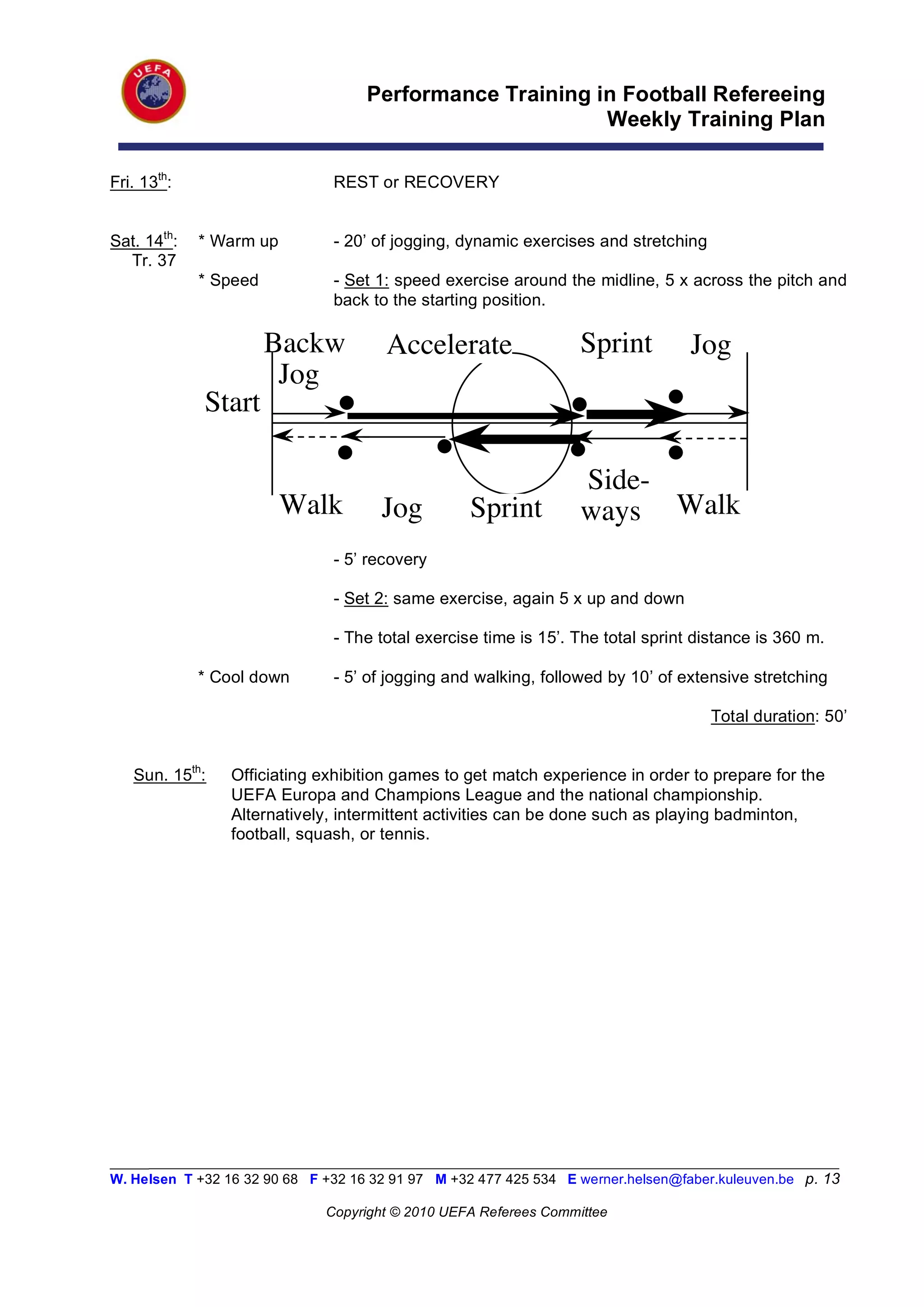 Performance Training in Football Refereeing
                                                          Weekly Training Plan

Fri. 13th:                      REST or RECOVERY


Sat. 14th:   * Warm up          - 20’ of jogging, dynamic exercises and stretching
  Tr. 37
             * Speed            - Set 1: speed exercise around the midline, 5 x across the pitch and
                                back to the starting position.

                       Backw           Accelerate                  Sprint          Jog
                        Jog
             Start

                                                                   Side-
                         Walk          Jog         Sprint          ways Walk
                                - 5’ recovery

                                - Set 2: same exercise, again 5 x up and down

                                - The total exercise time is 15’. The total sprint distance is 360 m.

             * Cool down        - 5’ of jogging and walking, followed by 10’ of extensive stretching

                                                                                      Total duration: 50’


   Sun. 15th:    Officiating exhibition games to get match experience in order to prepare for the
                 UEFA Europa and Champions League and the national championship.
                 Alternatively, intermittent activities can be done such as playing badminton,
                 football, squash, or tennis.




_________________________________________________________________________________________________________
W. Helsen T +32 16 32 90 68 F +32 16 32 91 97 M +32 477 425 534 E werner.helsen@faber.kuleuven.be p. 13

                               Copyright © 2010 UEFA Referees Committee
 