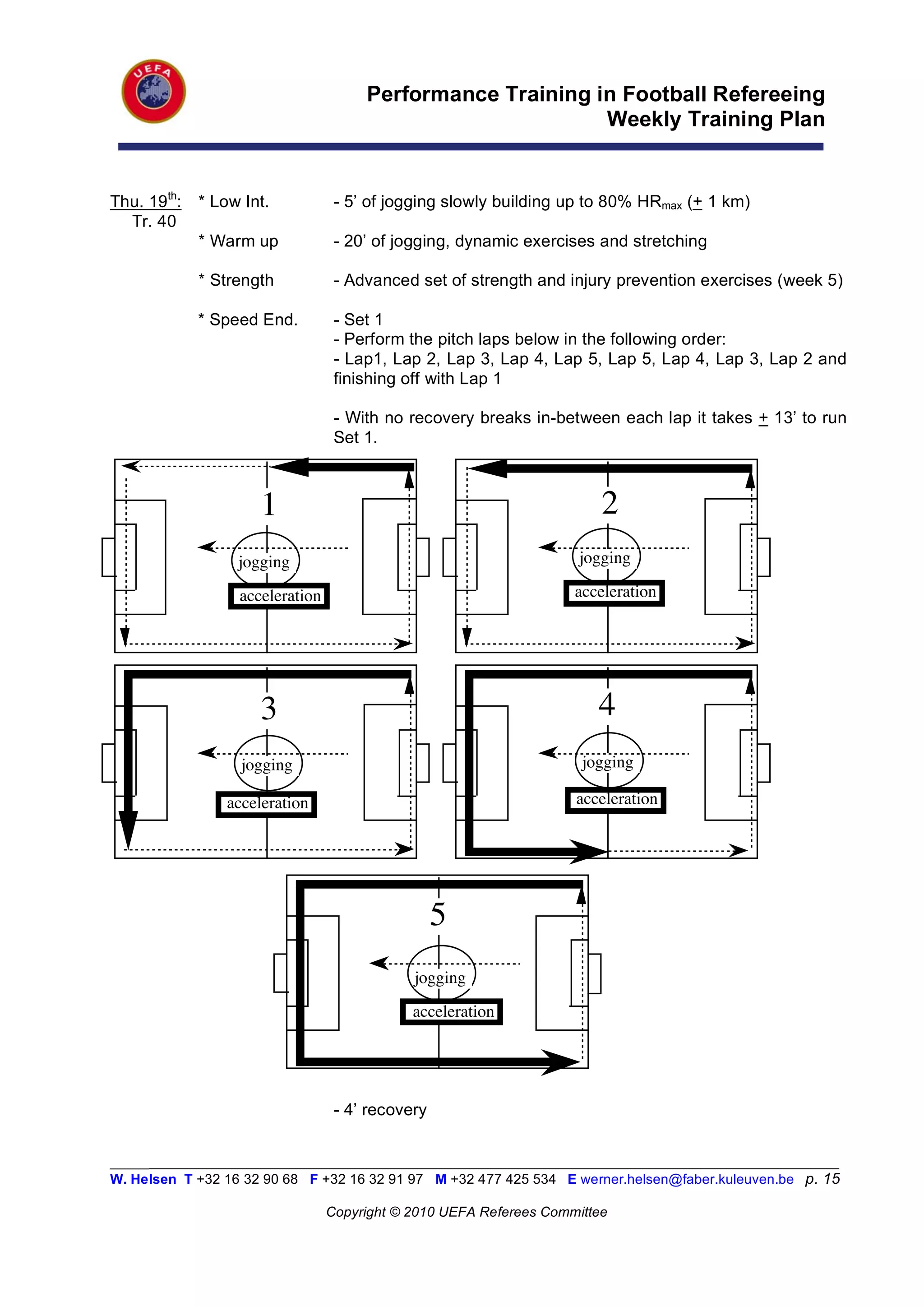 Performance Training in Football Refereeing
                                                            Weekly Training Plan


Thu. 19th:   * Low Int.           - 5’ of jogging slowly building up to 80% HRmax (+ 1 km)
  Tr. 40
             * Warm up            - 20’ of jogging, dynamic exercises and stretching

             * Strength           - Advanced set of strength and injury prevention exercises (week 5)

             * Speed End.         - Set 1
                                  - Perform the pitch laps below in the following order:
                                  - Lap1, Lap 2, Lap 3, Lap 4, Lap 5, Lap 5, Lap 4, Lap 3, Lap 2 and
                                  finishing off with Lap 1

                                  - With no recovery breaks in-between each lap it takes + 13’ to run
                                  Set 1.



                     1                                                  2
                  jogging                                           jogging

                  acceleration                                      acceleration




                     3                                                 4
                   jogging                                           jogging

                 acceleration                                       acceleration




                                                  5
                                             jogging

                                             acceleration




                                  - 4’ recovery


_________________________________________________________________________________________________________
W. Helsen T +32 16 32 90 68 F +32 16 32 91 97 M +32 477 425 534 E werner.helsen@faber.kuleuven.be p. 15

                                 Copyright © 2010 UEFA Referees Committee
 