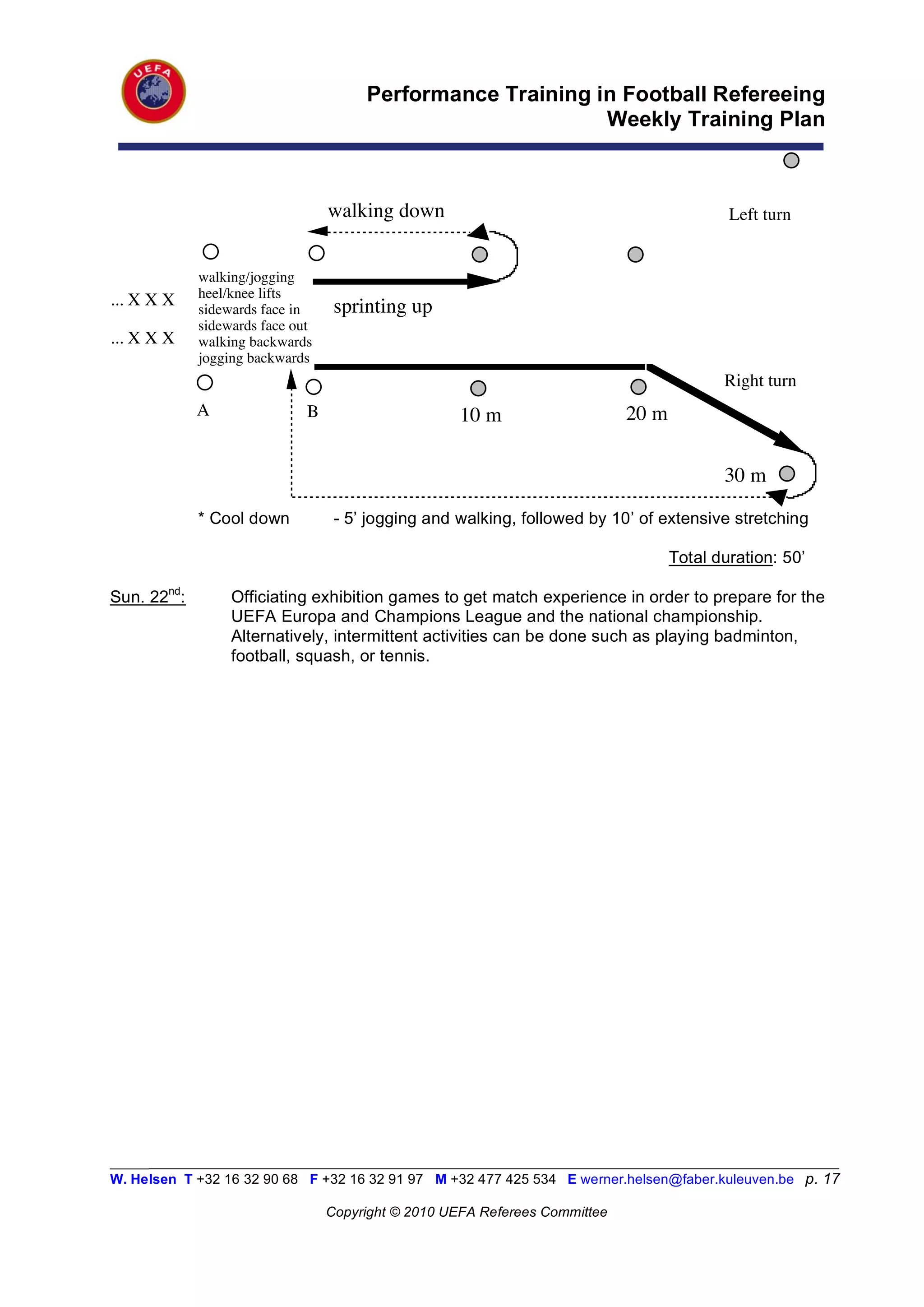 Performance Training in Football Refereeing
                                                             Weekly Training Plan



                                  walking down                                              Left turn


             walking/jogging
             heel/knee lifts
... X X X    sidewards face in     sprinting up
             sidewards face out
... X X X    walking backwards
             jogging backwards
                                                                                           Right turn
             A                B                      10 m                    20 m


                                                                                           30 m

             * Cool down           - 5’ jogging and walking, followed by 10’ of extensive stretching

                                                                                    Total duration: 50’

Sun. 22nd:        Officiating exhibition games to get match experience in order to prepare for the
                  UEFA Europa and Champions League and the national championship.
                  Alternatively, intermittent activities can be done such as playing badminton,
                  football, squash, or tennis.




_________________________________________________________________________________________________________
W. Helsen T +32 16 32 90 68 F +32 16 32 91 97 M +32 477 425 534 E werner.helsen@faber.kuleuven.be p. 17

                                  Copyright © 2010 UEFA Referees Committee
 