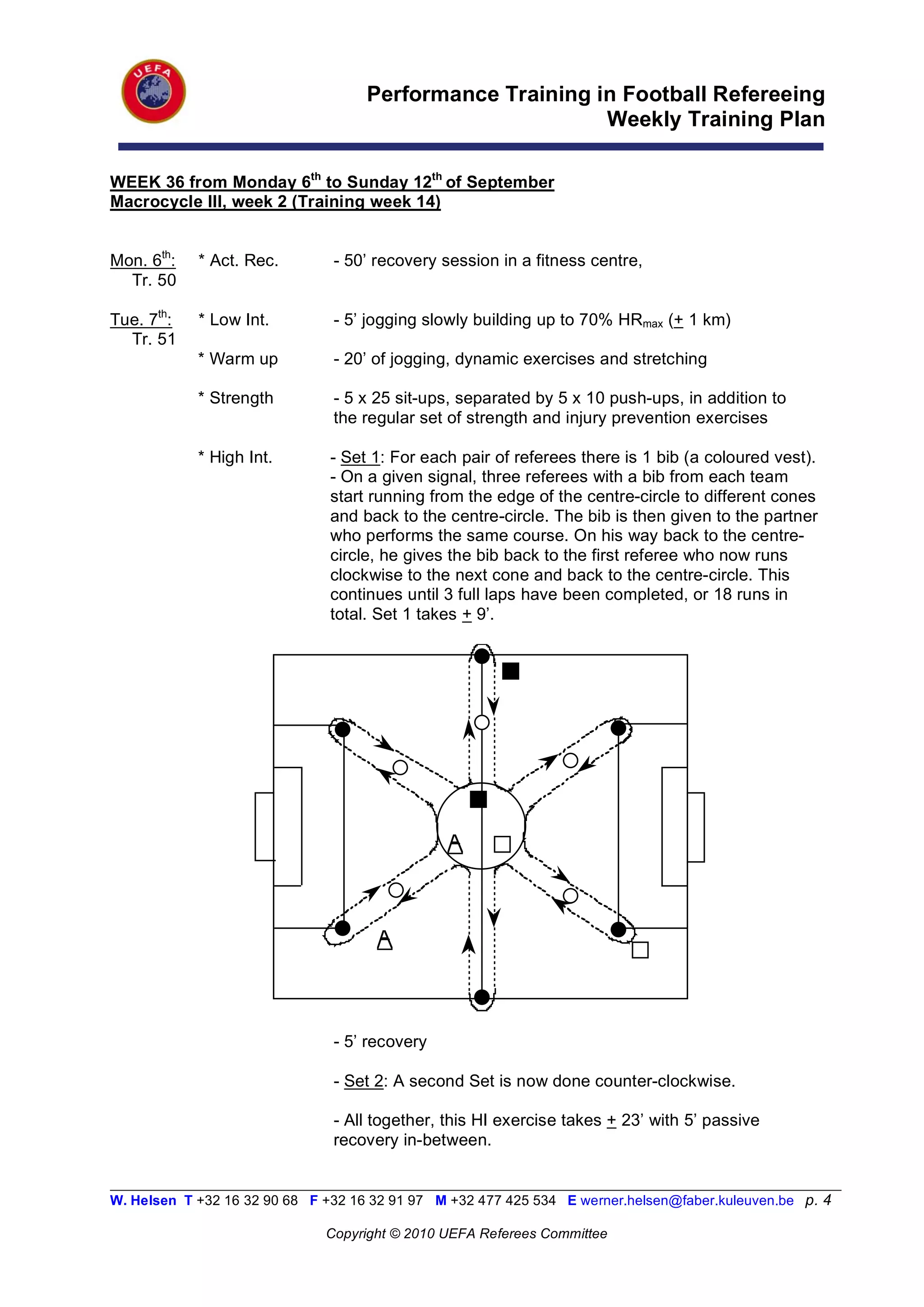 Performance Training in Football Refereeing
                                                           Weekly Training Plan

WEEK 36 from Monday 6th to Sunday 12th of September
Macrocycle III, week 2 (Training week 14)


Mon. 6th:   * Act. Rec.         - 50’ recovery session in a fitness centre,
  Tr. 50

Tue. 7th:   * Low Int.          - 5’ jogging slowly building up to 70% HRmax (+ 1 km)
  Tr. 51
            * Warm up           - 20’ of jogging, dynamic exercises and stretching

            * Strength          - 5 x 25 sit-ups, separated by 5 x 10 push-ups, in addition to
                                the regular set of strength and injury prevention exercises

            * High Int.        - Set 1: For each pair of referees there is 1 bib (a coloured vest).
                               - On a given signal, three referees with a bib from each team
                               start running from the edge of the centre-circle to different cones
                               and back to the centre-circle. The bib is then given to the partner
                               who performs the same course. On his way back to the centre-
                               circle, he gives the bib back to the first referee who now runs
                               clockwise to the next cone and back to the centre-circle. This
                               continues until 3 full laps have been completed, or 18 runs in
                               total. Set 1 takes + 9’.




                                - 5’ recovery

                                - Set 2: A second Set is now done counter-clockwise.

                                - All together, this HI exercise takes + 23’ with 5’ passive
                                recovery in-between.

__________________________________________________________________________________________________________
W. Helsen T +32 16 32 90 68 F +32 16 32 91 97 M +32 477 425 534 E werner.helsen@faber.kuleuven.be p. 4

                               Copyright © 2010 UEFA Referees Committee
 