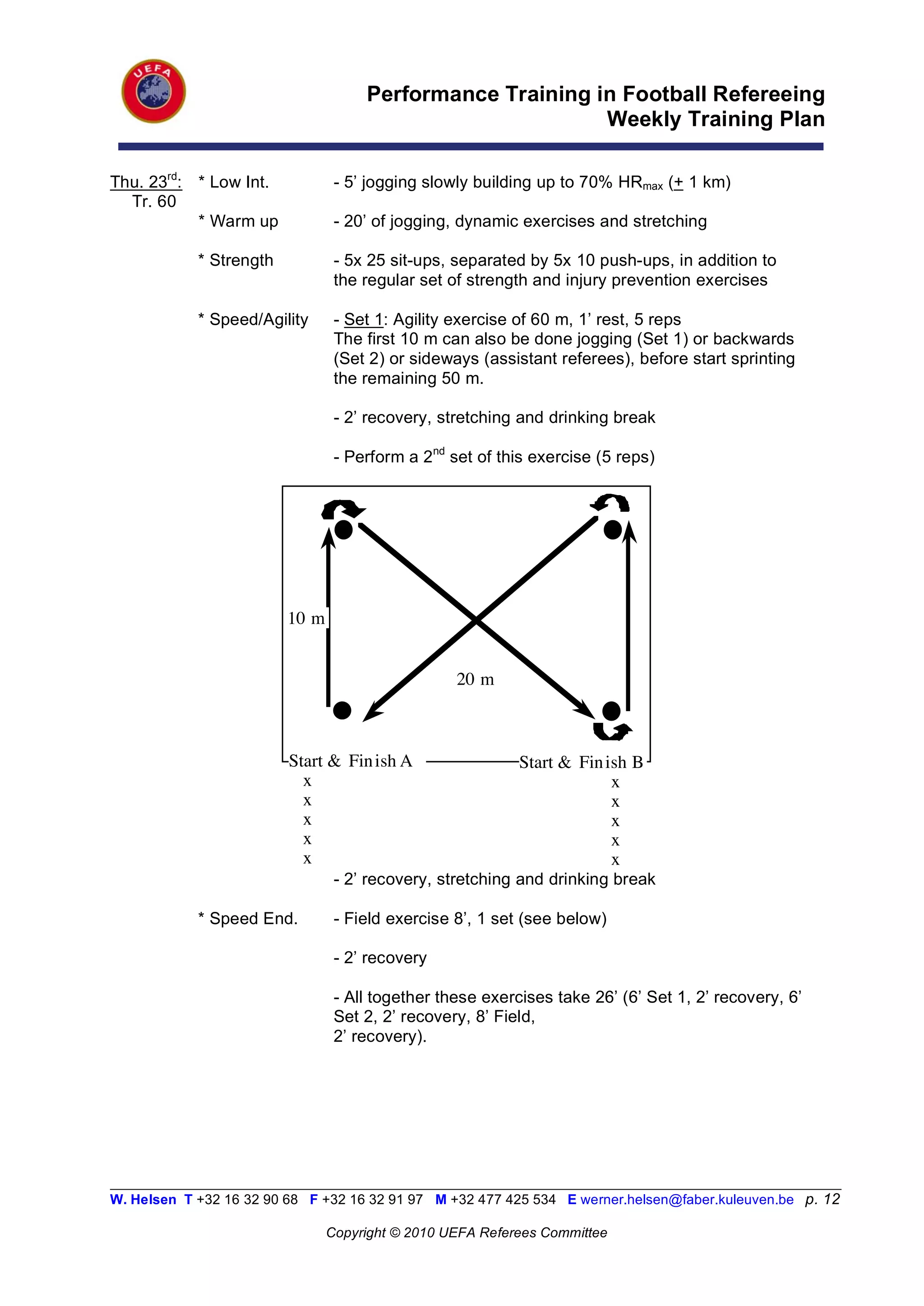 Performance Training in Football Refereeing
                                                           Weekly Training Plan

Thu. 23rd: * Low Int.            - 5’ jogging slowly building up to 70% HRmax (+ 1 km)
  Tr. 60
           * Warm up             - 20’ of jogging, dynamic exercises and stretching

            * Strength           - 5x 25 sit-ups, separated by 5x 10 push-ups, in addition to
                                 the regular set of strength and injury prevention exercises

            * Speed/Agility      - Set 1: Agility exercise of 60 m, 1’ rest, 5 reps
                                 The first 10 m can also be done jogging (Set 1) or backwards
                                 (Set 2) or sideways (assistant referees), before start sprinting
                                 the remaining 50 m.

                                 - 2’ recovery, stretching and drinking break

                                 - Perform a 2nd set of this exercise (5 reps)




                         10 m


                                                  20 m



                         Start & Fin ish A                 Start & Fin ish B
                           x                               !            x
                           x                                 !          x
                           x                                 !          x
                           x                                  !         x
                           x                                  !         x
                                 - 2’ recovery, stretching and drinking break

            * Speed End.         - Field exercise 8’, 1 set (see below)

                                 - 2’ recovery

                                 - All together these exercises take 26’ (6’ Set 1, 2’ recovery, 6’
                                 Set 2, 2’ recovery, 8’ Field,
                                 2’ recovery).




__________________________________________________________________________________________________________
W. Helsen T +32 16 32 90 68 F +32 16 32 91 97 M +32 477 425 534 E werner.helsen@faber.kuleuven.be p. 12

                                Copyright © 2010 UEFA Referees Committee
 