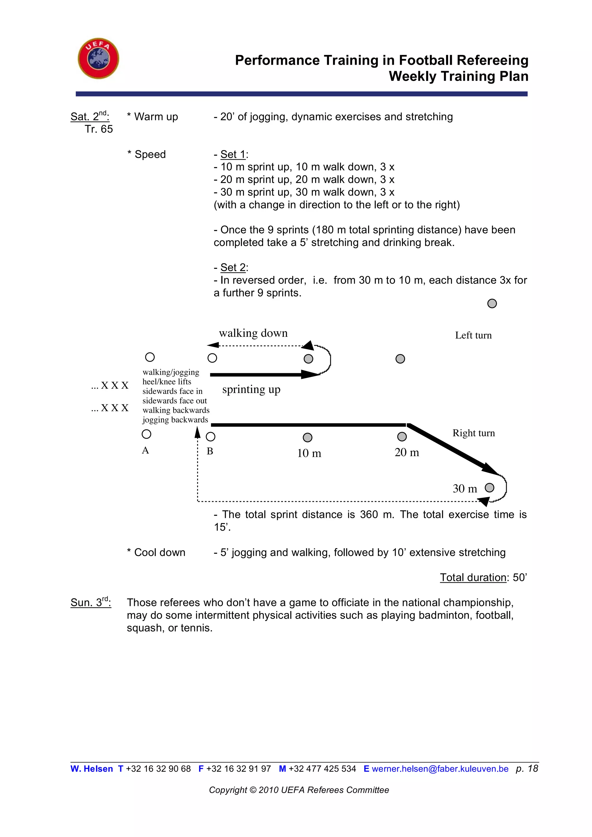 Performance Training in Football Refereeing
                                                               Weekly Training Plan

Sat. 2nd:   * Warm up                - 20’ of jogging, dynamic exercises and stretching
  Tr. 65

            * Speed                  - Set 1:
                                     - 10 m sprint up, 10 m walk down, 3 x
                                     - 20 m sprint up, 20 m walk down, 3 x
                                     - 30 m sprint up, 30 m walk down, 3 x
                                     (with a change in direction to the left or to the right)

                                     - Once the 9 sprints (180 m total sprinting distance) have been
                                     completed take a 5’ stretching and drinking break.

                                     - Set 2:
                                     - In reversed order, i.e. from 30 m to 10 m, each distance 3x for
                                     a further 9 sprints.


                                      walking down                                         Left turn


                walking/jogging
    ... X X X   heel/knee lifts
                sidewards face in     sprinting up
                sidewards face out
    ... X X X   walking backwards
                jogging backwards
                                                                                           Right turn
                A                B                     10 m                   20 m

                                                                                           30 m

                                     - The total sprint distance is 360 m. The total exercise time is
                                     15’.

            * Cool down              - 5’ jogging and walking, followed by 10’ extensive stretching

                                                                                        Total duration: 50’

Sun. 3rd:   Those referees who don’t have a game to officiate in the national championship,
            may do some intermittent physical activities such as playing badminton, football,
            squash, or tennis.




__________________________________________________________________________________________________________
W. Helsen T +32 16 32 90 68 F +32 16 32 91 97 M +32 477 425 534 E werner.helsen@faber.kuleuven.be p. 18

                                 Copyright © 2010 UEFA Referees Committee
 