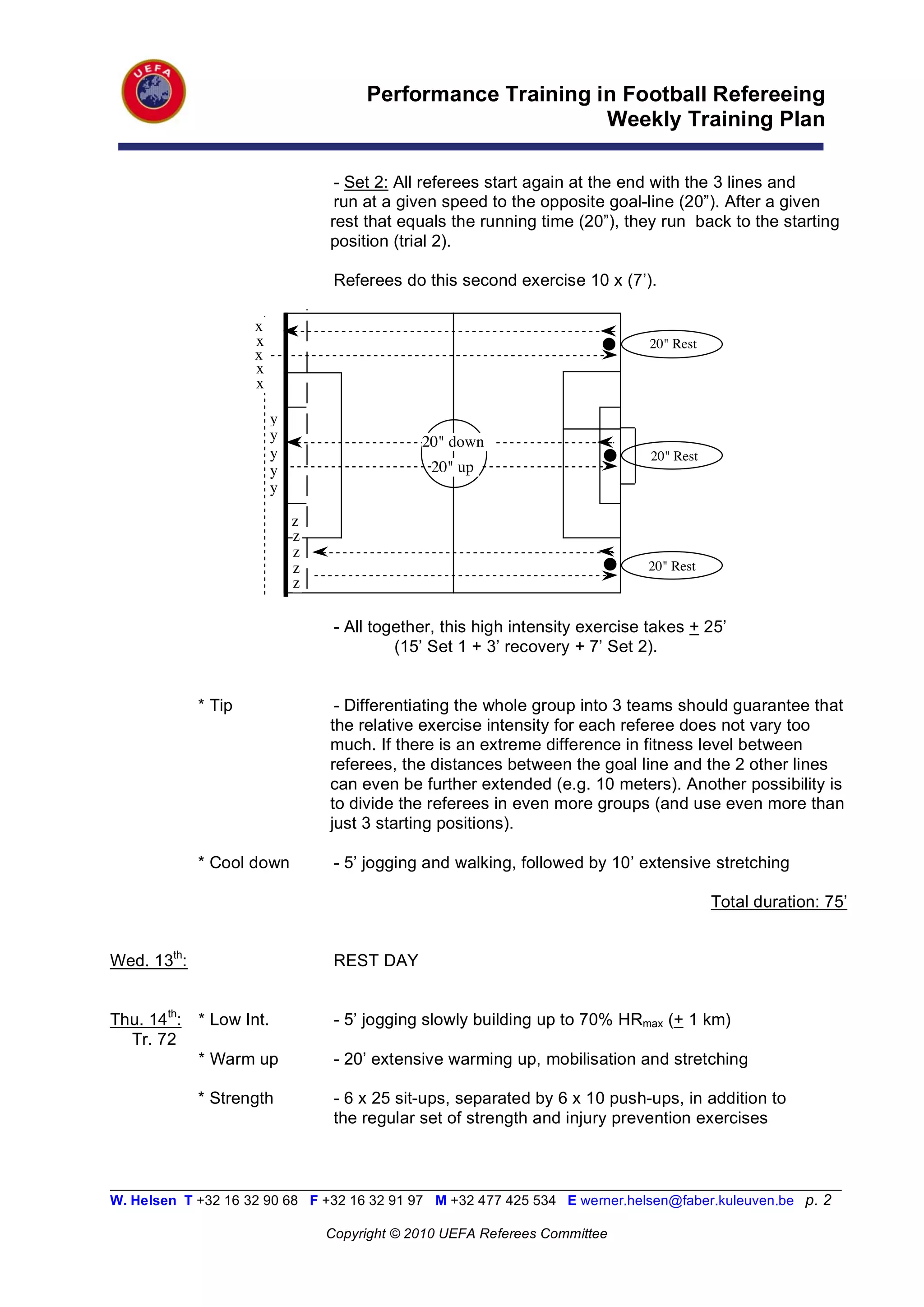 Performance Training in Football Refereeing
                                                             Weekly Training Plan

                                   - Set 2: All referees start again at the end with the 3 lines and
                                   run at a given speed to the opposite goal-line (20”). After a given
                                  rest that equals the running time (20”), they run back to the starting
                                  position (trial 2).

                                   Referees do this second exercise 10 x (7’).

                     x
                     x                                                          20" Rest
                     x
                     x
                     x

                          y
                          y                    20" down
                          y                                                     20" Rest
                          y                     20" up
                          y

                              z
                              z
                              z
                              z                                                20" Rest
                              z

                                   - All together, this high intensity exercise takes + 25’
                                            (15’ Set 1 + 3’ recovery + 7’ Set 2).


             * Tip                 - Differentiating the whole group into 3 teams should guarantee that
                                  the relative exercise intensity for each referee does not vary too
                                  much. If there is an extreme difference in fitness level between
                                  referees, the distances between the goal line and the 2 other lines
                                  can even be further extended (e.g. 10 meters). Another possibility is
                                  to divide the referees in even more groups (and use even more than
                                  just 3 starting positions).

             * Cool down           - 5’ jogging and walking, followed by 10’ extensive stretching

                                                                                           Total duration: 75’


Wed. 13th:                         REST DAY


Thu. 14th:   * Low Int.            - 5’ jogging slowly building up to 70% HRmax (+ 1 km)
  Tr. 72
             * Warm up             - 20’ extensive warming up, mobilisation and stretching

             * Strength            - 6 x 25 sit-ups, separated by 6 x 10 push-ups, in addition to
                                   the regular set of strength and injury prevention exercises


__________________________________________________________________________________________________________
W. Helsen T +32 16 32 90 68 F +32 16 32 91 97 M +32 477 425 534 E werner.helsen@faber.kuleuven.be p. 2

                                  Copyright © 2010 UEFA Referees Committee
 