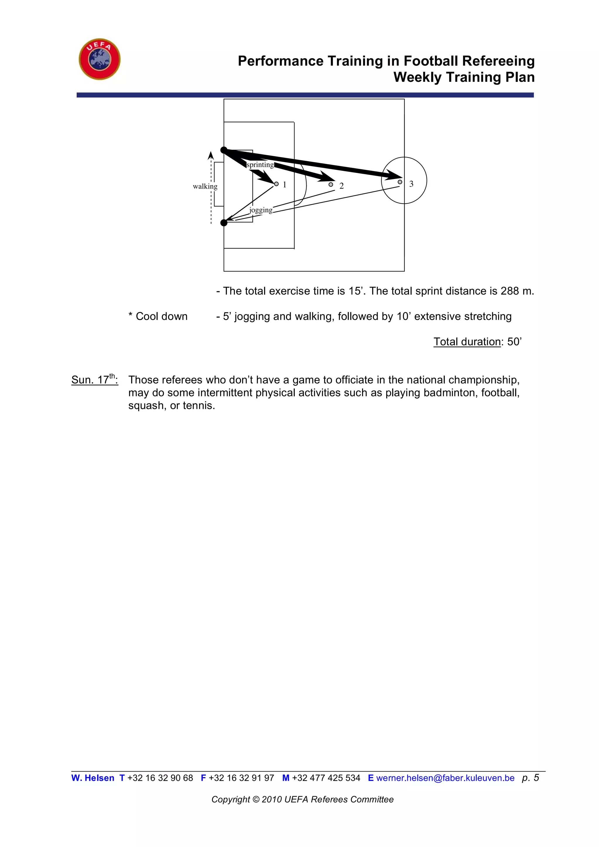 Performance Training in Football Refereeing
                                                           Weekly Training Plan




                                       sprinting

                           walking                 1        2              3

                                        jogging




                                 - The total exercise time is 15’. The total sprint distance is 288 m.

            * Cool down          - 5’ jogging and walking, followed by 10’ extensive stretching

                                                                                Total duration: 50’


Sun. 17th: Those referees who don’t have a game to officiate in the national championship,
           may do some intermittent physical activities such as playing badminton, football,
           squash, or tennis.




__________________________________________________________________________________________________________
W. Helsen T +32 16 32 90 68 F +32 16 32 91 97 M +32 477 425 534 E werner.helsen@faber.kuleuven.be p. 5

                                Copyright © 2010 UEFA Referees Committee
 