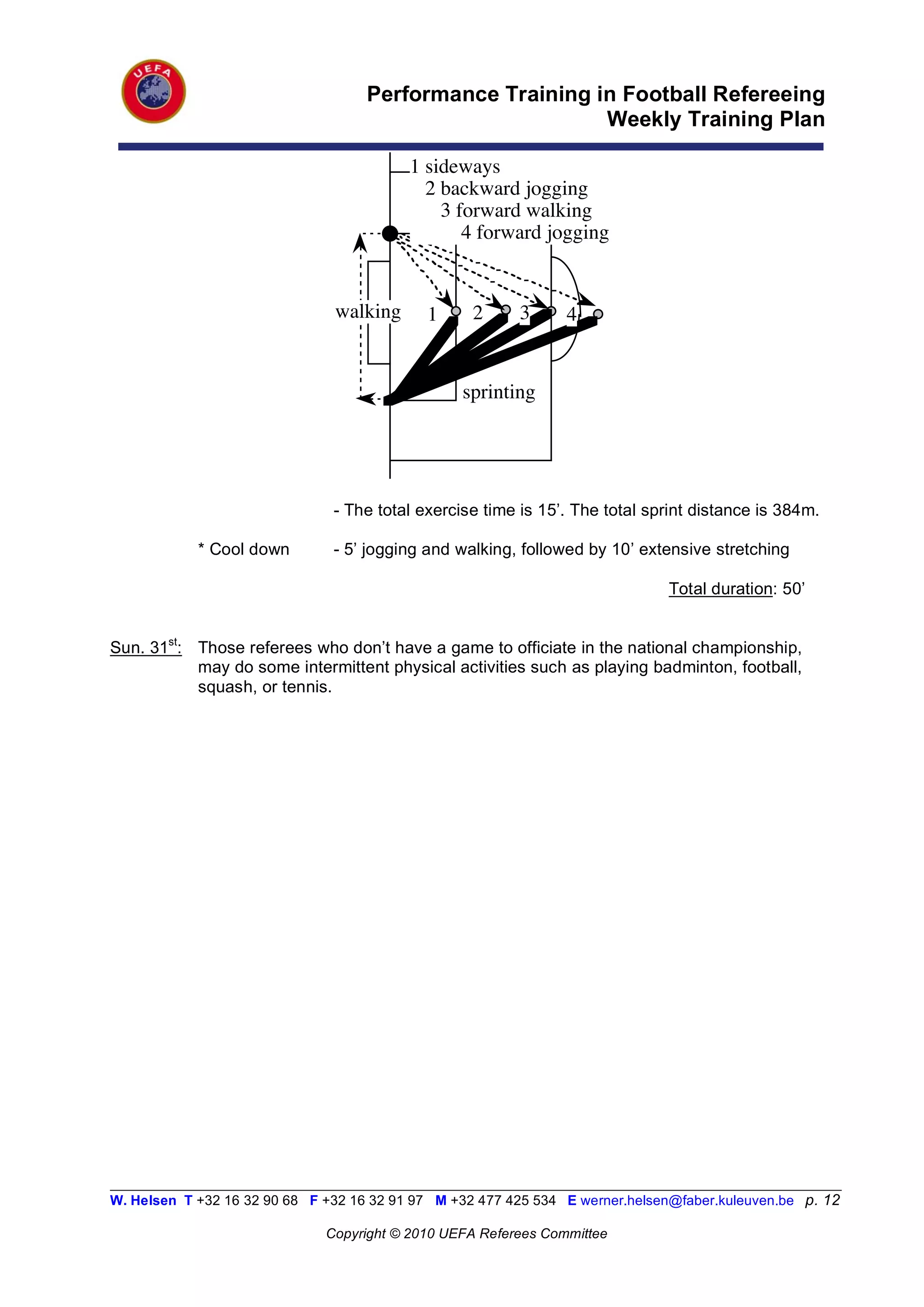 Performance Training in Football Refereeing
                                                           Weekly Training Plan

                                           1 sideways
                                             2 backward jogging
                                               3 forward walking
                                                  4 forward jogging


                                walking      1      2      3      4


                                                   sprinting




                                - The total exercise time is 15’. The total sprint distance is 384m.

            * Cool down         - 5’ jogging and walking, followed by 10’ extensive stretching

                                                                                Total duration: 50’


Sun. 31st: Those referees who don’t have a game to officiate in the national championship,
           may do some intermittent physical activities such as playing badminton, football,
           squash, or tennis.




__________________________________________________________________________________________________________
W. Helsen T +32 16 32 90 68 F +32 16 32 91 97 M +32 477 425 534 E werner.helsen@faber.kuleuven.be p. 12

                               Copyright © 2010 UEFA Referees Committee
 