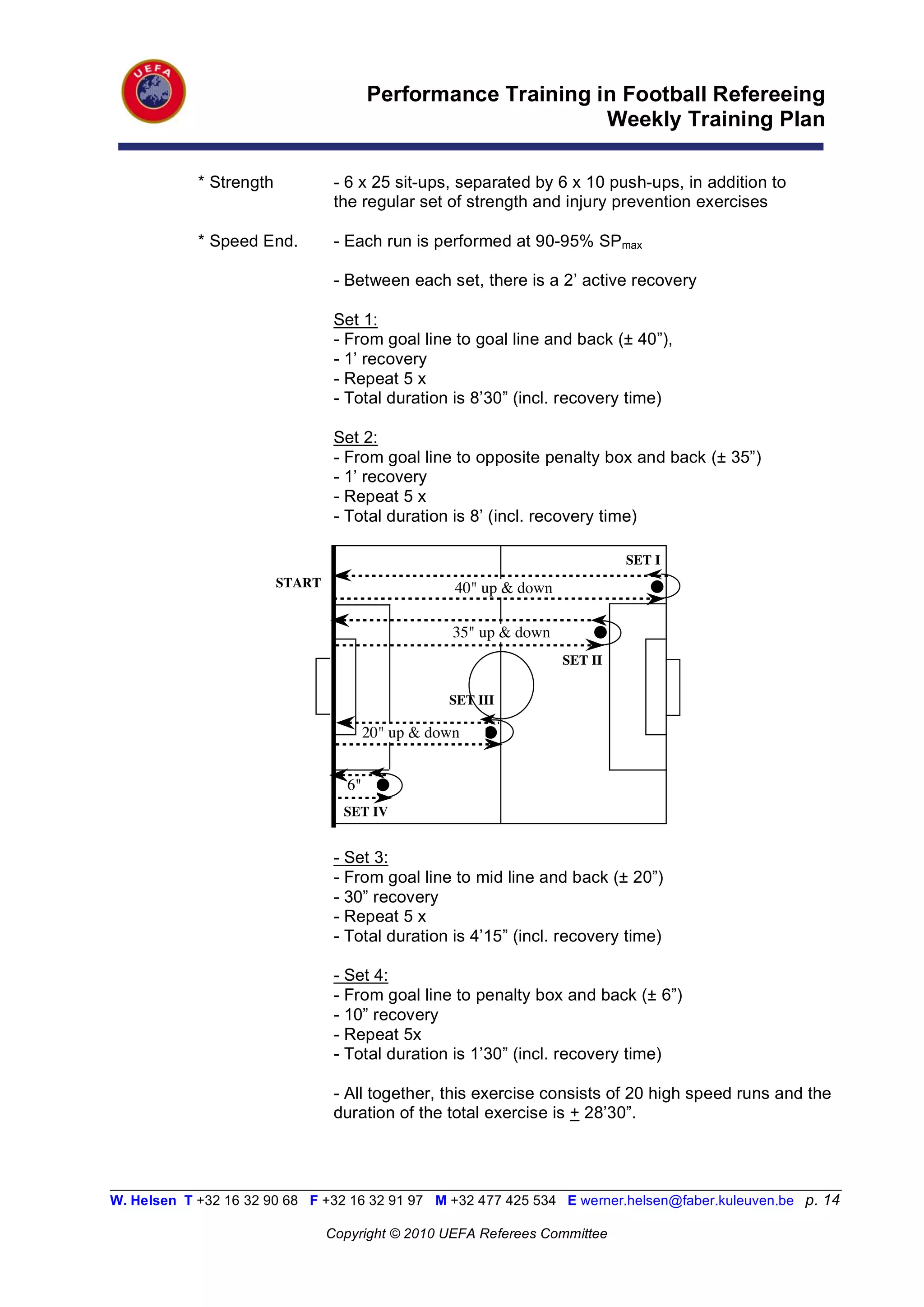 Performance Training in Football Refereeing
                                                               Weekly Training Plan

            * Strength            - 6 x 25 sit-ups, separated by 6 x 10 push-ups, in addition to
                                  the regular set of strength and injury prevention exercises

            * Speed End.          - Each run is performed at 90-95% SPmax

                                  - Between each set, there is a 2’ active recovery

                                  Set 1:
                                  - From goal line to goal line and back (± 40”),
                                  - 1’ recovery
                                  - Repeat 5 x
                                  - Total duration is 8’30” (incl. recovery time)

                                  Set 2:
                                  - From goal line to opposite penalty box and back (± 35”)
                                  - 1’ recovery
                                  - Repeat 5 x
                                  - Total duration is 8’ (incl. recovery time)

                                                                              SET I
                         START                       40" up & down

                                                     35" up & down
                                                                     SET II

                                                    SET III

                                         20" up & down


                                    6"
                                   SET IV


                                  - Set 3:
                                  - From goal line to mid line and back (± 20”)
                                  - 30” recovery
                                  - Repeat 5 x
                                  - Total duration is 4’15” (incl. recovery time)

                                  - Set 4:
                                  - From goal line to penalty box and back (± 6”)
                                  - 10” recovery
                                  - Repeat 5x
                                  - Total duration is 1’30” (incl. recovery time)

                                  - All together, this exercise consists of 20 high speed runs and the
                                  duration of the total exercise is + 28’30”.



__________________________________________________________________________________________________________
W. Helsen T +32 16 32 90 68 F +32 16 32 91 97 M +32 477 425 534 E werner.helsen@faber.kuleuven.be p. 14

                                 Copyright © 2010 UEFA Referees Committee
 