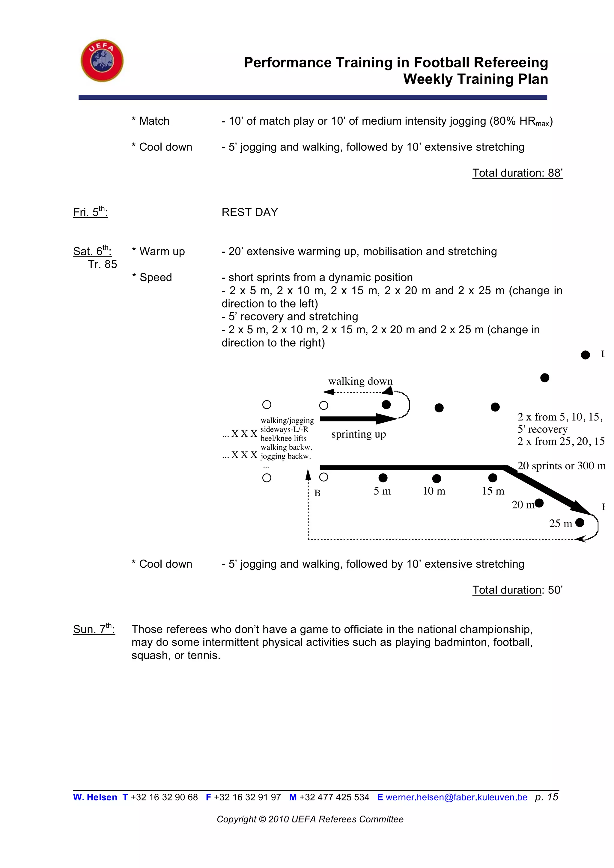 Performance Training in Football Refereeing
                                                           Weekly Training Plan

            * Match             - 10’ of match play or 10’ of medium intensity jogging (80% HRmax)

            * Cool down         - 5’ jogging and walking, followed by 10’ extensive stretching

                                                                                       Total duration: 88’


Fri. 5th:                       REST DAY


Sat. 6th:   * Warm up           - 20’ extensive warming up, mobilisation and stretching
  Tr. 85
            * Speed             - short sprints from a dynamic position
                                - 2 x 5 m, 2 x 10 m, 2 x 15 m, 2 x 20 m and 2 x 25 m (change in
                                direction to the left)
                                - 5’ recovery and stretching
                                - 2 x 5 m, 2 x 10 m, 2 x 15 m, 2 x 20 m and 2 x 25 m (change in
                                direction to the right)
                                                                                                                  Lef

                                                             walking down


                                          walking/jogging                                       2 x from 5, 10, 15, 20
                                ... X X X sideways-L/-R      sprinting up                       5' recovery
                                          heel/knee lifts
                                          walking backw.
                                                                                                2 x from 25, 20, 15, 1
                                ... X X X jogging backw.
                                           ...                                                  20 sprints or 300 m in

                                                        !B     !      5m    10 m!        15 m
                                                                                                20 m              Rig
                                                                                                       25 m


            * Cool down         - 5’ jogging and walking, followed by 10’ extensive stretching

                                                                                       Total duration: 50’


Sun. 7th:   Those referees who don’t have a game to officiate in the national championship,
            may do some intermittent physical activities such as playing badminton, football,
            squash, or tennis.




__________________________________________________________________________________________________________
W. Helsen T +32 16 32 90 68 F +32 16 32 91 97 M +32 477 425 534 E werner.helsen@faber.kuleuven.be p. 15

                               Copyright © 2010 UEFA Referees Committee
 
