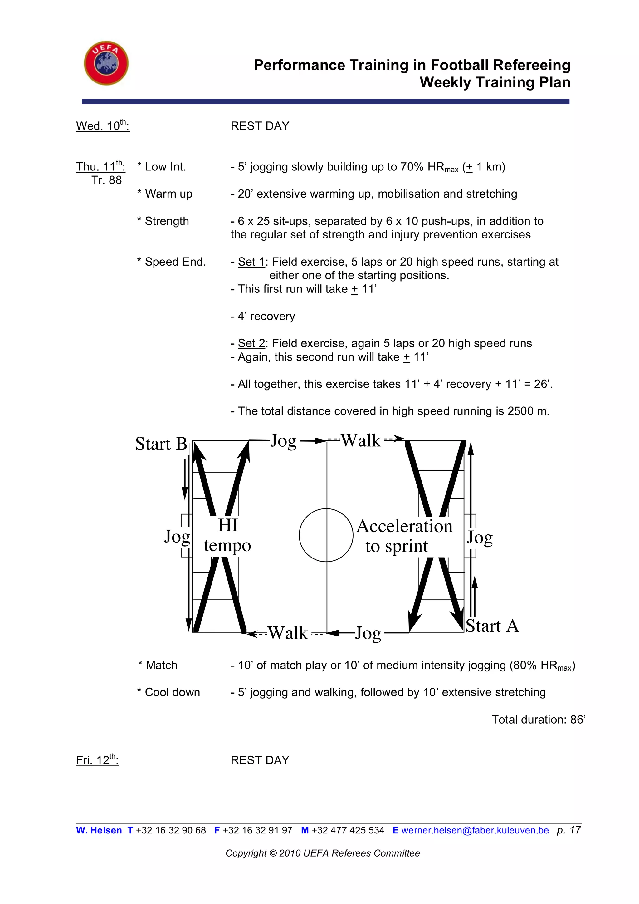 Performance Training in Football Refereeing
                                                           Weekly Training Plan

Wed. 10th:                      REST DAY


Thu. 11th:   * Low Int.         - 5’ jogging slowly building up to 70% HRmax (+ 1 km)
  Tr. 88
             * Warm up          - 20’ extensive warming up, mobilisation and stretching

             * Strength         - 6 x 25 sit-ups, separated by 6 x 10 push-ups, in addition to
                                the regular set of strength and injury prevention exercises

             * Speed End.       - Set 1: Field exercise, 5 laps or 20 high speed runs, starting at
                                         either one of the starting positions.
                                - This first run will take + 11’

                                - 4’ recovery

                                - Set 2: Field exercise, again 5 laps or 20 high speed runs
                                - Again, this second run will take + 11’

                                - All together, this exercise takes 11’ + 4’ recovery + 11’ = 26’.

                                - The total distance covered in high speed running is 2500 m.

             Start B                    Jog            Walk



                        HI                                Acceleration
                  Jog tempo                                to sprint   Jog




                                        Walk              Jog                    Start A
             * Match            - 10’ of match play or 10’ of medium intensity jogging (80% HRmax)

             * Cool down        - 5’ jogging and walking, followed by 10’ extensive stretching

                                                                                       Total duration: 86’


Fri. 12th:                      REST DAY



__________________________________________________________________________________________________________
W. Helsen T +32 16 32 90 68 F +32 16 32 91 97 M +32 477 425 534 E werner.helsen@faber.kuleuven.be p. 17

                               Copyright © 2010 UEFA Referees Committee
 