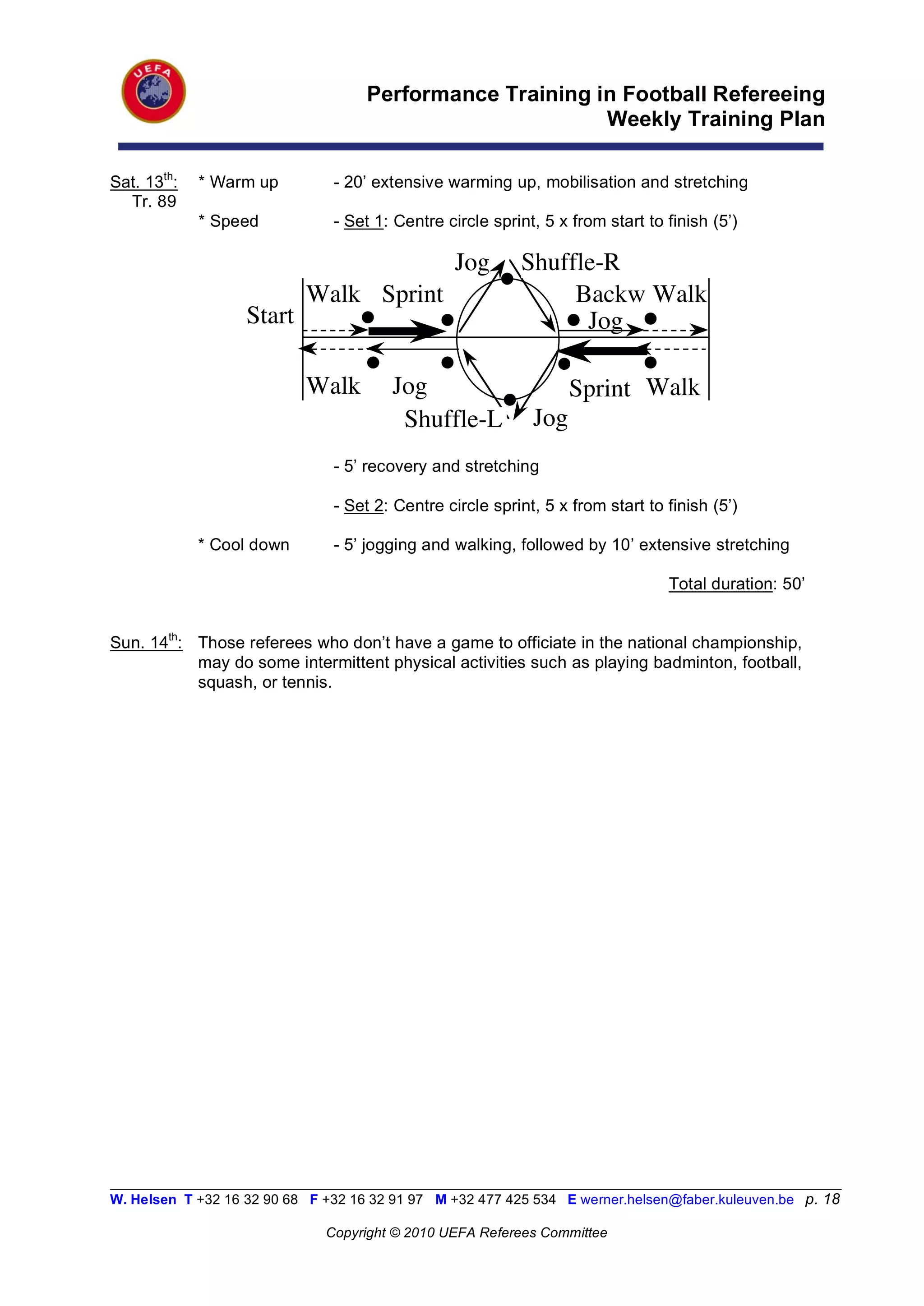 Performance Training in Football Refereeing
                                                           Weekly Training Plan

Sat. 13th:   * Warm up          - 20’ extensive warming up, mobilisation and stretching
  Tr. 89
             * Speed            - Set 1: Centre circle sprint, 5 x from start to finish (5’)

                                                  Jog      Shuffle-R
                            Walk Sprint                         Backw Walk
                   Start                                         Jog

                            Walk        Jog                        Sprint Walk
                                         Shuffle-L           Jog
                                - 5’ recovery and stretching

                                - Set 2: Centre circle sprint, 5 x from start to finish (5’)

             * Cool down        - 5’ jogging and walking, followed by 10’ extensive stretching

                                                                                 Total duration: 50’


Sun. 14th: Those referees who don’t have a game to officiate in the national championship,
           may do some intermittent physical activities such as playing badminton, football,
           squash, or tennis.




__________________________________________________________________________________________________________
W. Helsen T +32 16 32 90 68 F +32 16 32 91 97 M +32 477 425 534 E werner.helsen@faber.kuleuven.be p. 18

                               Copyright © 2010 UEFA Referees Committee
 