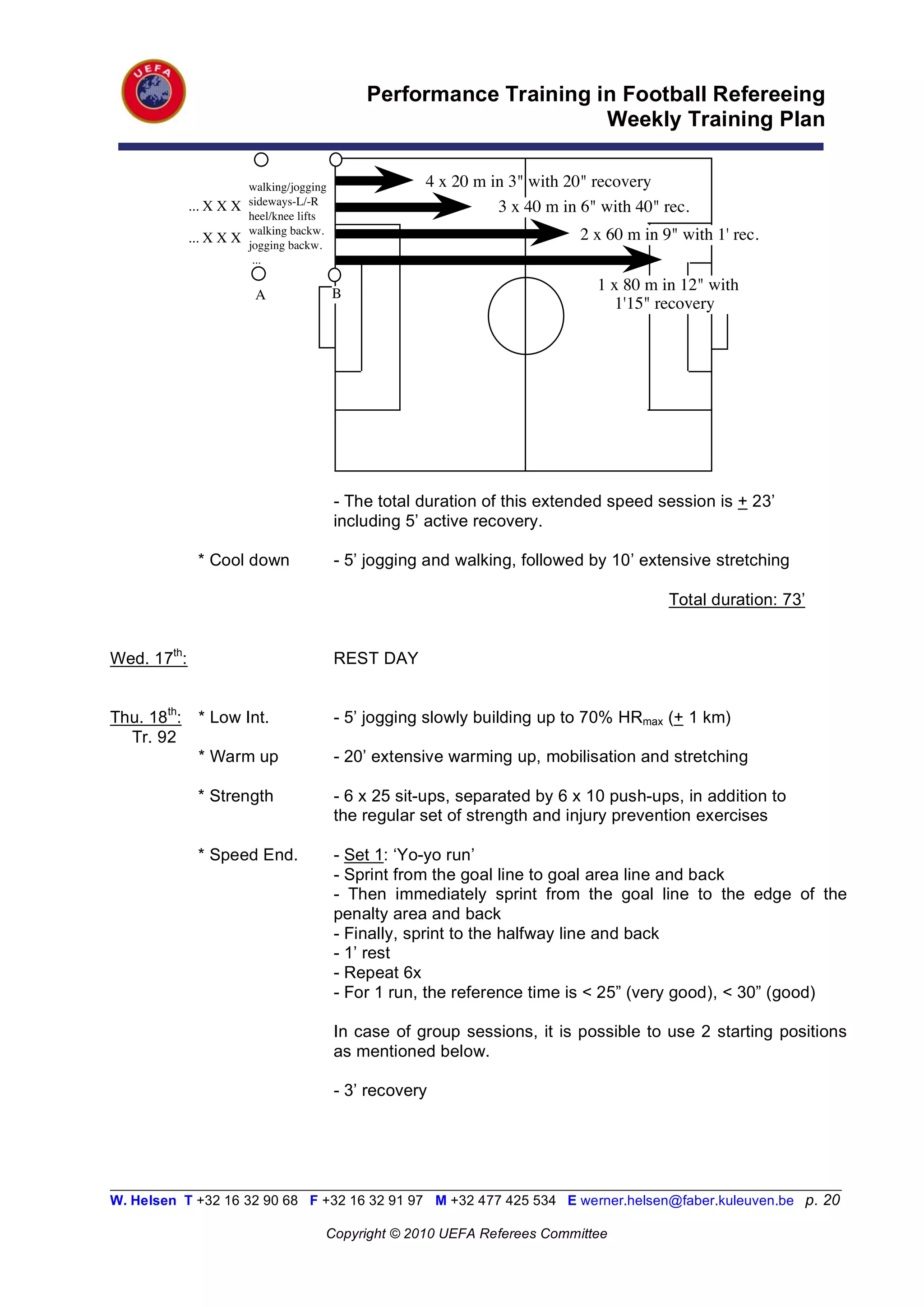 Performance Training in Football Refereeing
                                                                      Weekly Training Plan

                         walking/jogging                 4 x 20 m in 3" with 20" recovery
             ... X X X sideways-L/-R                               3 x 40 m in 6" with 40" rec.
                         heel/knee lifts
                         walking backw.                                        2 x 60 m in 9" with 1' rec.
             ... X X X   jogging backw.
                          ...

                                           B
                                                                                 1 x 80 m in 12" with
                          A
                                                                                    1'15" recovery




                                            - The total duration of this extended speed session is + 23’
                                            including 5’ active recovery.

              * Cool down                   - 5’ jogging and walking, followed by 10’ extensive stretching

                                                                                            Total duration: 73’


Wed. 17th:                                  REST DAY


Thu. 18th:    * Low Int.                    - 5’ jogging slowly building up to 70% HRmax (+ 1 km)
  Tr. 92
              * Warm up                     - 20’ extensive warming up, mobilisation and stretching

              * Strength                    - 6 x 25 sit-ups, separated by 6 x 10 push-ups, in addition to
                                            the regular set of strength and injury prevention exercises

              * Speed End.                  - Set 1: ‘Yo-yo run’
                                            - Sprint from the goal line to goal area line and back
                                            - Then immediately sprint from the goal line to the edge of the
                                            penalty area and back
                                            - Finally, sprint to the halfway line and back
                                            - 1’ rest
                                            - Repeat 6x
                                            - For 1 run, the reference time is < 25” (very good), < 30” (good)

                                            In case of group sessions, it is possible to use 2 starting positions
                                            as mentioned below.

                                            - 3’ recovery




__________________________________________________________________________________________________________
W. Helsen T +32 16 32 90 68 F +32 16 32 91 97 M +32 477 425 534 E werner.helsen@faber.kuleuven.be p. 20

                                           Copyright © 2010 UEFA Referees Committee
 