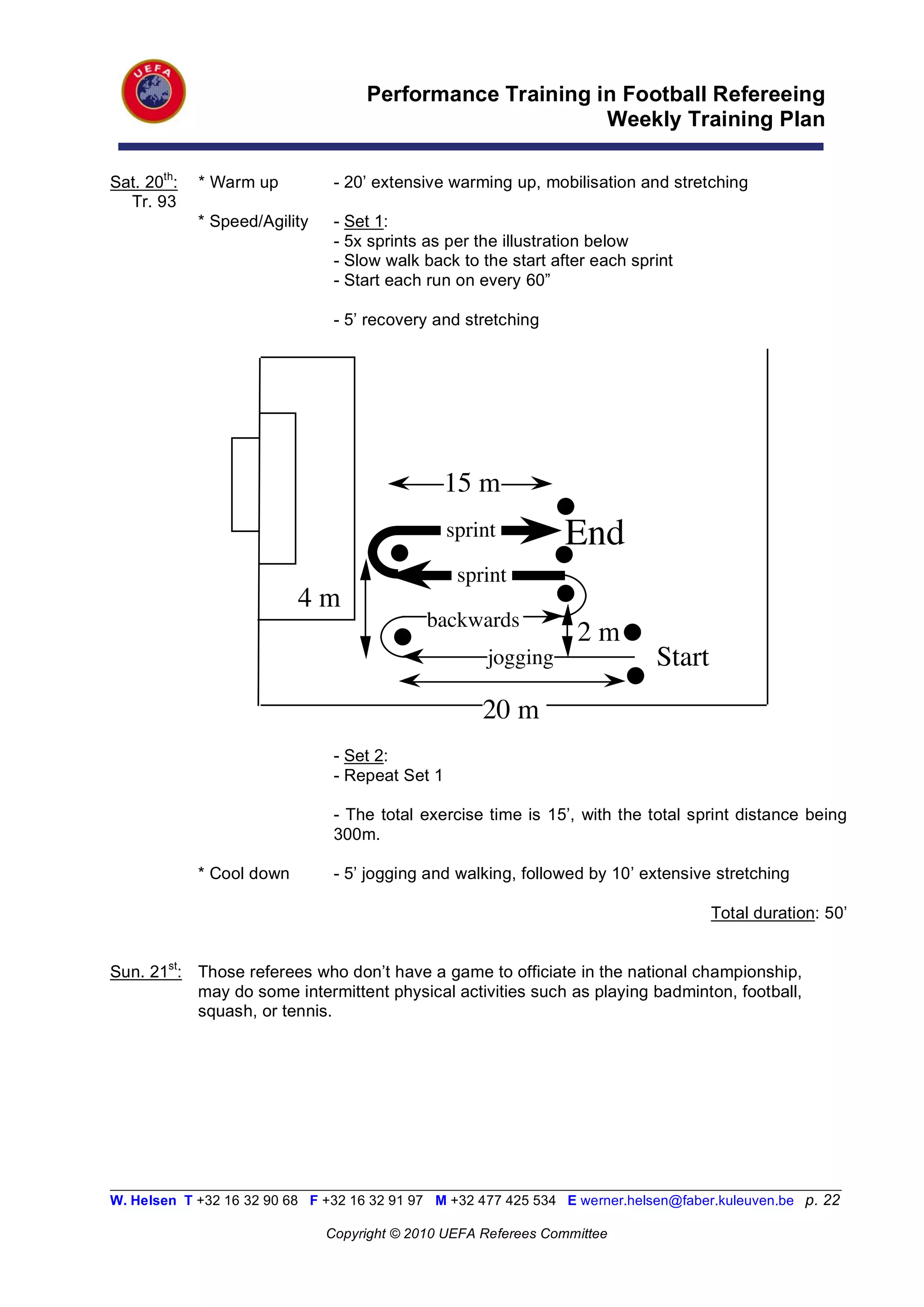 Performance Training in Football Refereeing
                                                           Weekly Training Plan

Sat. 20th:   * Warm up          - 20’ extensive warming up, mobilisation and stretching
  Tr. 93
             * Speed/Agility    - Set 1:
                                - 5x sprints as per the illustration below
                                - Slow walk back to the start after each sprint
                                - Start each run on every 60”

                                - 5’ recovery and stretching




                                                 15 m
                                                 sprint          End
                                                  sprint
                           4m
                                             backwards
                                                                   2m
                                                      jogging                  Start
                                                     20 m
                                - Set 2:
                                - Repeat Set 1

                                - The total exercise time is 15’, with the total sprint distance being
                                300m.

             * Cool down        - 5’ jogging and walking, followed by 10’ extensive stretching

                                                                                       Total duration: 50’


Sun. 21st: Those referees who don’t have a game to officiate in the national championship,
           may do some intermittent physical activities such as playing badminton, football,
           squash, or tennis.




__________________________________________________________________________________________________________
W. Helsen T +32 16 32 90 68 F +32 16 32 91 97 M +32 477 425 534 E werner.helsen@faber.kuleuven.be p. 22

                               Copyright © 2010 UEFA Referees Committee
 