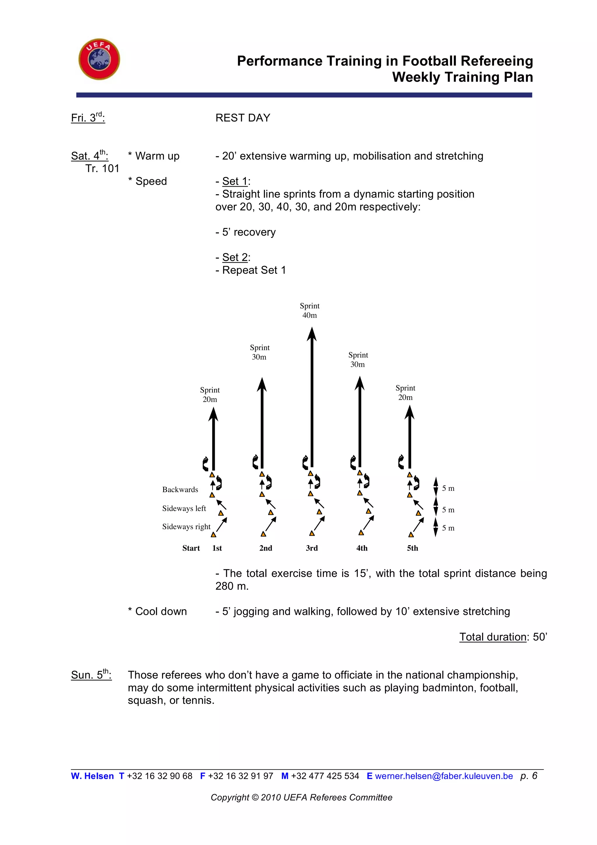 Performance Training in Football Refereeing
                                                                      Weekly Training Plan

Fri. 3rd:                             REST DAY


Sat. 4th: * Warm up                   - 20’ extensive warming up, mobilisation and stretching
  Tr. 101
          * Speed                     - Set 1:
                                      - Straight line sprints from a dynamic starting position
                                      over 20, 30, 40, 30, and 20m respectively:

                                      - 5’ recovery

                                      - Set 2:
                                      - Repeat Set 1


                                                            Sprint
                                                             40m



                                                 Sprint
                                                 30m                   Sprint
                                                                       30m


                                  Sprint                                             Sprint
                                   20m                                                20m




                    Backwards                                                                 5m

                    Sideways left                                                             5m

                    Sideways right                                                            5m

                          Start      1st   !!      2nd !!    3rd ! !     4th    !!      5th


                                      - The total exercise time is 15’, with the total sprint distance being
                                      280 m.

            * Cool down               - 5’ jogging and walking, followed by 10’ extensive stretching

                                                                                                   Total duration: 50’


Sun. 5th:   Those referees who don’t have a game to officiate in the national championship,
            may do some intermittent physical activities such as playing badminton, football,
            squash, or tennis.




__________________________________________________________________________________________________________
W. Helsen T +32 16 32 90 68 F +32 16 32 91 97 M +32 477 425 534 E werner.helsen@faber.kuleuven.be p. 6

                                     Copyright © 2010 UEFA Referees Committee
 