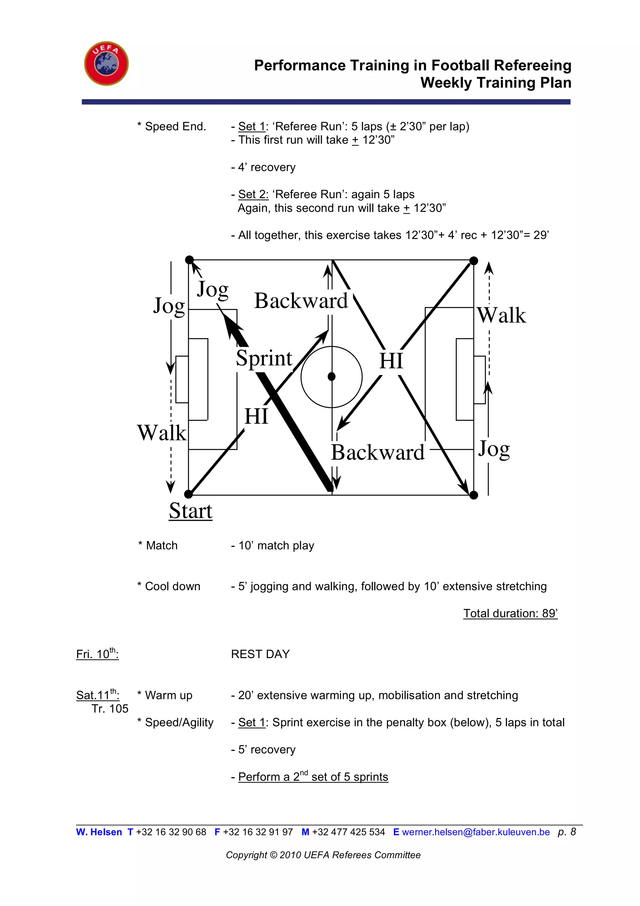 Performance Training in Football Refereeing
                                                           Weekly Training Plan

             * Speed End.       - Set 1: ‘Referee Run’: 5 laps (± 2’30” per lap)
                                - This first run will take + 12’30”

                                - 4’ recovery

                                - Set 2: ‘Referee Run’: again 5 laps
                                  Again, this second run will take + 12’30”

                                - All together, this exercise takes 12’30”+ 4’ rec + 12’30”= 29’



                         Jog         Backward
                Jog                                                                Walk
                                 Sprint                        HI

                                   HI
             Walk
                                                     Backward                       Jog

                   Start
             * Match            - 10’ match play


             * Cool down        - 5’ jogging and walking, followed by 10’ extensive stretching

                                                                                Total duration: 89’


Fri. 10th:                      REST DAY


Sat.11th: * Warm up             - 20’ extensive warming up, mobilisation and stretching
  Tr. 105
          * Speed/Agility       - Set 1: Sprint exercise in the penalty box (below), 5 laps in total

                                - 5’ recovery

                                - Perform a 2nd set of 5 sprints


__________________________________________________________________________________________________________
W. Helsen T +32 16 32 90 68 F +32 16 32 91 97 M +32 477 425 534 E werner.helsen@faber.kuleuven.be p. 8

                               Copyright © 2010 UEFA Referees Committee
 