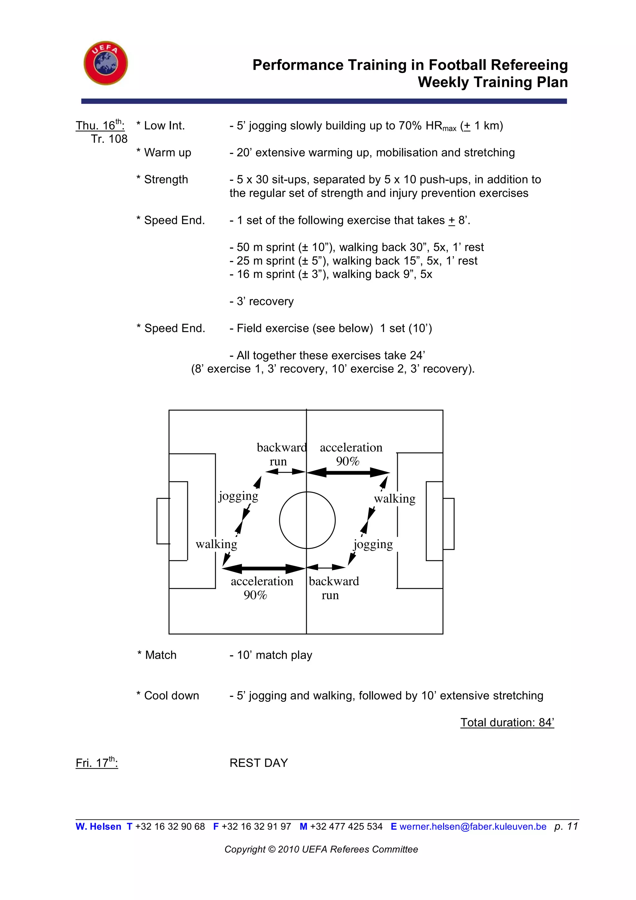 Performance Training in Football Refereeing
                                                            Weekly Training Plan

Thu. 16th: * Low Int.            - 5’ jogging slowly building up to 70% HRmax (+ 1 km)
  Tr. 108
           * Warm up             - 20’ extensive warming up, mobilisation and stretching

             * Strength          - 5 x 30 sit-ups, separated by 5 x 10 push-ups, in addition to
                                 the regular set of strength and injury prevention exercises

             * Speed End.        - 1 set of the following exercise that takes + 8’.

                                 - 50 m sprint (± 10”), walking back 30”, 5x, 1’ rest
                                 - 25 m sprint (± 5”), walking back 15”, 5x, 1’ rest
                                 - 16 m sprint (± 3”), walking back 9”, 5x

                                 - 3’ recovery

             * Speed End.        - Field exercise (see below) 1 set (10’)

                                  - All together these exercises take 24’
                          (8’ exercise 1, 3’ recovery, 10’ exercise 2, 3’ recovery).




                                       backward acceleration
                                         run       90%

                               jogging                         walking


                          walking                          jogging

                                  acceleration    backward
                                    90%             run



             * Match             - 10’ match play


             * Cool down         - 5’ jogging and walking, followed by 10’ extensive stretching

                                                                                 Total duration: 84’


Fri. 17th:                       REST DAY



__________________________________________________________________________________________________________
W. Helsen T +32 16 32 90 68 F +32 16 32 91 97 M +32 477 425 534 E werner.helsen@faber.kuleuven.be p. 11

                                Copyright © 2010 UEFA Referees Committee
 