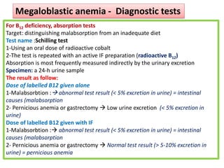 For B12 deficiency, absorption tests
Target: distinguishing malabsorption from an inadequate diet
Test name :Schilling test
1-Using an oral dose of radioactive cobalt
2-The test is repeated with an active IF preparation (radioactive B12)
Absorption is most frequently measured indirectly by the urinary excretion
Specimen: a 24-h urine sample
The result as follow:
Dose of labelled B12 given alone
1-Malabsorbtion :→ abnormal test result (< 5% excretion in urine) = intestinal
causes (malabsorption
2- Pernicious anemia or gastrectomy → Low urine excretion (< 5% excretion in
urine)
Dose of labelled B12 given with IF
1-Malabsorbtion :→ abnormal test result (< 5% excretion in urine) = intestinal
causes (malabsorption
2- Pernicious anemia or gastrectomy → Normal test result (> 5-10% excretion in
urine) = pernicious anemia
Megaloblastic anemia - Diagnostic tests
 