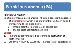Pernicious anemia (PA)
PERNICIOUS ANEMIA
is a type of megaloblastic anemia , the main cause is the absence
of Intrinsic factor which is so important for B12 carrying and
transporting to the blood due to
1. chronic gastritis (marked loss of parietal cells)
2. or antibodies against stomach cells
Causes
1. Immunologically mediated, autoimmune destruction of
gastric mucosa
2. CHRONIC ATROPHIC GASTRITIS – marked loss of parietal cells
 