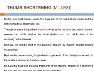 THUMB SHORTENING (MILLESI)
 Under tourniquet control, excise the distal half of the nail and nail matrix and the
underlying distal phalangeal tuft.
 Through a dorsal longitudinal incision overlying the proximal and distal phalanx,
remove the middle third of the distal phalanx and the middle third of the
overlying nail and matrix.
 Remove the middle third of the proximal phalanx by making parallel oblique
osteotomies.
 Reduce the two remaining longitudinal components of the distal phalanx and pin
them with a transverse Kirschner wire.
 Reduce the distal and proximal fragments of the proximal phalanx in a shortened
 