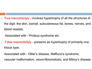  True macrodactyly - involves hypertrophy of all the structures of
the digit: the skin, toenail, subcutaneous fat, bones, nerves, and
blood vessels.
Associated with - Proteus syndrome etc
 False macrodactyly - presents as hypertrophy of primarily one
tissue type.
Associated with - Ollier’s disease, Maffucci’s syndrome,
vascular malformation, neuro-fibromatosis, and Milroy’s disease
 