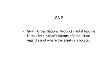 GNPGNP = Gross National Product = Total Income Earned by a nation’s factors of production regardless of where the assets are located