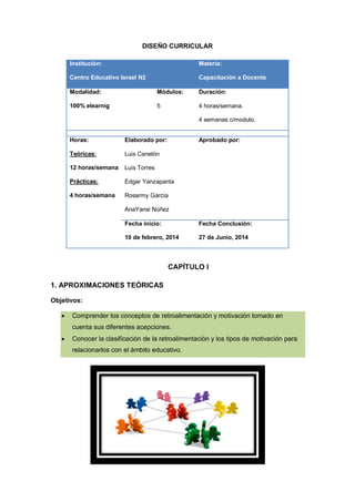 DISEÑO CURRICULAR
Institución:

Materia:

Centro Educativo Israel N2

Capacitación a Docente

Modalidad:

Módulos:

Duración:

100% elearnig

5

4 horas/semana.
4 semanas c/modulo.

Horas:

Elaborado por:

Aprobado por:

Teóricas:

Luis Canelón

12 horas/semana

Luis Torres

Prácticas:

Edgar Yanzapanta

4 horas/semana

Rosarmy García
AnaYansi Núñez
Fecha inicio:

Fecha Conclusión:

10 de febrero, 2014

27 de Junio, 2014

CAPÍTULO I
1. APROXIMACIONES TEÓRICAS
Objetivos:


Comprender los conceptos de retroalimentación y motivación tomado en
cuenta sus diferentes acepciones.



Conocer la clasificación de la retroalimentación y los tipos de motivación para
relacionarlos con el ámbito educativo.

 