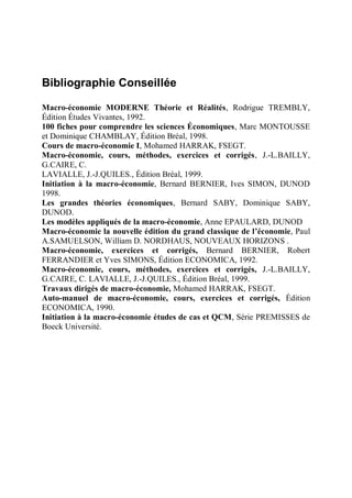 Bibliographie Conseillée
Macro-économie MODERNE Théorie et Réalités, Rodrigue TREMBLY,
Édition Études Vivantes, 1992.
100 fiches pour comprendre les sciences Économiques, Marc MONTOUSSE
et Dominique CHAMBLAY, Édition Bréal, 1998.
Cours de macro-économie I, Mohamed HARRAK, FSEGT.
Macro-économie, cours, méthodes, exercices et corrigés, J.-L.BAILLY,
G.CAIRE, C.
LAVIALLE, J.-J.QUILES., Édition Bréal, 1999.
Initiation à la macro-économie, Bernard BERNIER, Ives SIMON, DUNOD
1998.
Les grandes théories économiques, Bernard SABY, Dominique SABY,
DUNOD.
Les modèles appliqués de la macro-économie, Anne EPAULARD, DUNOD
Macro-économie la nouvelle édition du grand classique de l’économie, Paul
A.SAMUELSON, William D. NORDHAUS, NOUVEAUX HORIZONS .
Macro-économie, exercices et corrigés, Bernard BERNIER, Robert
FERRANDIER et Yves SIMONS, Édition ECONOMICA, 1992.
Macro-économie, cours, méthodes, exercices et corrigés, J.-L.BAILLY,
G.CAIRE, C. LAVIALLE, J.-J.QUILES., Édition Bréal, 1999.
Travaux dirigés de macro-économie, Mohamed HARRAK, FSEGT.
Auto-manuel de macro-économie, cours, exercices et corrigés, Édition
ECONOMICA, 1990.
Initiation à la macro-économie études de cas et QCM, Série PREMISSES de
Boeck Université.
 