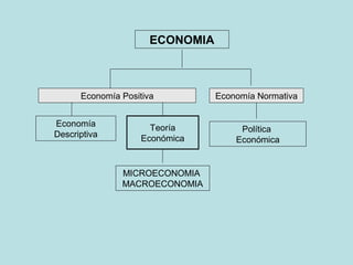 ECONOMIA
Economía Positiva Economía Normativa
Teoría
Económica
Economía
Descriptiva
Política
Económica
MICROECONOMIA
MACROECONOMIA
 