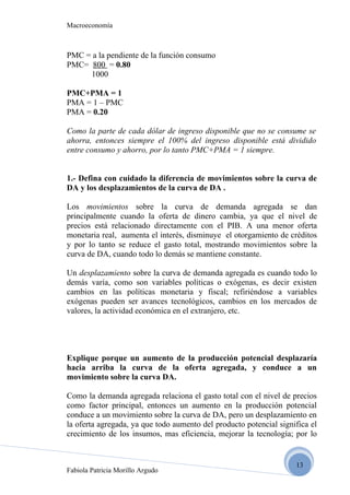 Macroeconomía



PMC = a la pendiente de la función consumo
PMC= 800 = 0.80
     1000

PMC+PMA = 1
PMA = 1 – PMC
PMA = 0.20

Como la parte de cada dólar de ingreso disponible que no se consume se
ahorra, entonces siempre el 100% del ingreso disponible está dividido
entre consumo y ahorro, por lo tanto PMC+PMA = 1 siempre.


1.- Defina con cuidado la diferencia de movimientos sobre la curva de
DA y los desplazamientos de la curva de DA .

Los movimientos sobre la curva de demanda agregada se dan
principalmente cuando la oferta de dinero cambia, ya que el nivel de
precios está relacionado directamente con el PIB. A una menor oferta
monetaria real, aumenta el interés, disminuye el otorgamiento de créditos
y por lo tanto se reduce el gasto total, mostrando movimientos sobre la
curva de DA, cuando todo lo demás se mantiene constante.

Un desplazamiento sobre la curva de demanda agregada es cuando todo lo
demás varía, como son variables políticas o exógenas, es decir existen
cambios en las políticas monetaria y fiscal; refiriéndose a variables
exógenas pueden ser avances tecnológicos, cambios en los mercados de
valores, la actividad económica en el extranjero, etc.




Explique porque un aumento de la producción potencial desplazaría
hacia arriba la curva de la oferta agregada, y conduce a un
movimiento sobre la curva DA.

Como la demanda agregada relaciona el gasto total con el nivel de precios
como factor principal, entonces un aumento en la producción potencial
conduce a un movimiento sobre la curva de DA, pero un desplazamiento en
la oferta agregada, ya que todo aumento del producto potencial significa el
crecimiento de los insumos, mas eficiencia, mejorar la tecnología; por lo


                                                                    13
Fabiola Patricia Morillo Argudo
 