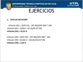 EJERCICIOS TASA DE INFLACIÓN Inflación (81) = (((IPC 81) – (IPC 80))/(IPC 80)) * 100 Inflación (81) = (((90,9 – 82.4))/82.4)*100 Inflación (81) = 10,31 % Inflación (99) = (((IPC 99) – (IPC 98))/(IPC 98)) * 100 Inflación (99) = (((166.6 – 163.0))/163.0)*100 Inflación (99) = 2,20 % 