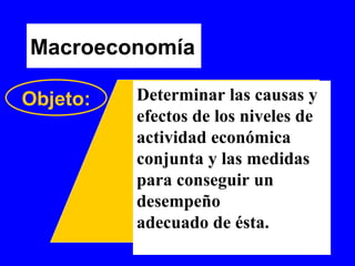 Macroeconomía
Objeto: Determinar las causas y
efectos de los niveles de
actividad económica
conjunta y las medidas
para conseguir un
desempeño
adecuado de ésta.
 