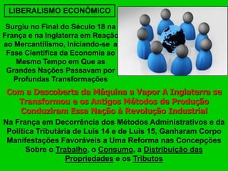 Surgiu no Final do Século 18 na
França e na Inglaterra em Reação
ao Mercantilismo, Iniciando-se a
Fase Científica da Economia ao
Mesmo Tempo em Que as
Grandes Nações Passavam por
Profundas Transformações
Com a Descoberta da Máquina a Vapor A Inglaterra se
Transformou e os Antigos Métodos de Produção
Conduziram Essa Nação à Revolução Industrial
Na França em Decorrência dos Métodos Administrativos e da
Política Tributária de Luis 14 e de Luis 15, Ganharam Corpo
Manifestações Favoráveis a Uma Reforma nas Concepções
Sobre o Trabalho, o Consumo, a Distribuição das
Propriedades e os Tributos
LIBERALISMO ECONÔMICO
 