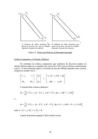 38
P
y
P
y
D
1
D
o
D
1D
o
D
o
D
1
D
1
D
o
a) Aumento da oferta monetária dos
gastos do governo, da taxa de inflação
esperada e redução dos impostos.
b) Redução da oferta monetária dos
gastos do governo, da taxa de inflação
esperada e aumento dos impostos.
Figura 31. Efeitos das Políticas de Demanda Agregada
Estática Comparativa: A Solução Algébrica
Os resultados da estática comparativa que acabamos de descrever podem ser
obtidos diferenciando-se as equações das curvas IS e LM, como já fizemos anteriormente
(cap.2.). A única diferença agora é a inclusão da taxa de inflação esperada como variável
exógena no modelo. Isto é:
1 − −é
ë
ê
ê
ê
ù
û
ú
ú
ú
é
ë
ê
ê
ê
ù
û
ú
ú
ú
=
− − +
−
é
ë
ê
ê
ê
ù
û
ú
ú
ú
c i
PL PL
d y
d r
c dt i d dg
dM L dP
y r
y r
y r
e
π
A solução deste sistema é dada por:
dy P L c dt P L i d P L dg i dM i L dPr y r r
e
r r r= − − + + −
1
∆
π
e:
dr P L c dt P L d P L dg c dM c L dPr y y
e
y y y= − − − + − − −
1
1 1
∆
π ( ) ( )
onde ∆ = − + <( ) , .1 0c PL i PLy r y
A partir da primeira equação é fácil concluir-se que:
 