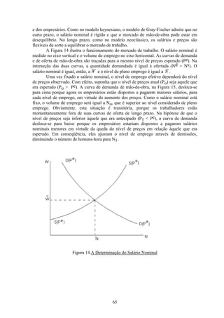 65
e dos empresários. Como no modelo keynesiano, o modelo de Gray-Fischer admite que no
curto prazo, o salário nominal é rígido e que o mercado de mão-de-obra pode estar em
desequilíbrio. No longo prazo, como no modelo neoclássico, os salários e preços são
flexíveis de sorte a equilibrar o mercado de trabalho.
A Figura 14 ilustra o funcionamento do mercado de trabalho. O salário nominal é
medido no eixo vertical e o volume de emprego no eixo horizontal. As curvas de demanda
e de oferta de mão-de-obra são traçadas para o mesmo nível de preços esperado (Pe). Na
interseção das duas curvas, a quantidade demandada é igual à ofertada (Nd = Ns). O
salário nominal é igual, então, a W e o nível de pleno emprego é igual a N .
Uma vez fixado o salário nominal, o nível de emprego efetivo dependerá do nível
de preços observado. Com efeito, suponha que o nível de preços atual (Po) seja aquele que
era esperado (Po > Pe). A curva de demanda de mão-de-obra, na Figura 15, desloca-se
para cima porque agora os empresários estão dispostos a pagarem maiores salários, para
cada nível de emprego, em virtude do aumento dos preços. Como o salário nominal está
fixo, o volume de emprego será igual a No, que é superior ao nível considerado de pleno
emprego. Obviamente, esta situação é transitória, porque os trabalhadores estão
momentaneamente fora de suas curvas de oferta de longo prazo. Na hipótese de que o
nível de preços seja inferior àquele que era antecipado (P1 < Pe), a curva de demanda
desloca-se para baixo porque os empresários estariam dispostos a pagarem salários
nominais menores em virtude da queda do nível de preços em relação àquele que era
esperado. Em conseqüência, eles ajustam o nível de emprego através de demissões,
diminuindo o número de homens-hora para N1.
Figura 14.A Determinação do Salário Nominal
 