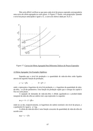 67
Não seria difícil verificar-se que para cada nível de preços esperado corresponderia
uma curva de oferta agregada no curto prazo. A Figura 17 ilustra esta proposição. Quando
o nível de preços antecipado é igual a Po
e
, a curva de oferta é dada por S Po
e
( ).
Figura 17. Curvas de Oferta Agregada Para Diferentes Índices de Preços Esperados
A Oferta Agregada: Um Exemplo Algébrico
Suponha que o nível de produção e a quantidade de mão-de-obra estão ligados
através da seguinte função de produção,
y = a + β n , 0 < β < 1
onde y representa o logaritmo do nível de produção, n o logaritmo da quantidade de mão-
de-obra, a e β são parâmetros. Esta função de produção supõe que o estoque de capital é
fixo no curto prazo.
A equação de demanda de mão-de-obra é obtida igualando-se a produtividade
marginal da mão-de-obra ao salário real, cuja expressão é a seguinte:
ω- p = b - ( 1 -β) n
onde ω e p são, respectivamente, os logaritmos do salário nominal e do nível de preços, e
o parâmetro b é igual a a+ log .
A oferta de mão-de-obra é uma função crescente da quantidade de mão-de-obra de
acordo com:
ω-p = c + δ n
 
