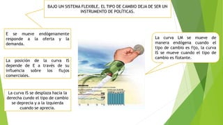 BAJO UN SISTEMA FLEXIBLE, EL TIPO DE CAMBIO DEJA DE SER UN
INSTRUMENTO DE POLÍTICAS.
E se mueve endógenamente
responde a la oferta y la
demanda.
La posición de la curva IS
depende de E a través de su
influencia sobre los flujos
comerciales.
La curva IS se desplaza hacia la
derecha cundo el tipo de cambio
se deprecia y a la izquierda
cuando se aprecia.
La curva LM se mueve de
manera endógena cuando el
tipo de cambio es fijo, la curva
IS se mueve cuando el tipo de
cambio es flotante.
 
